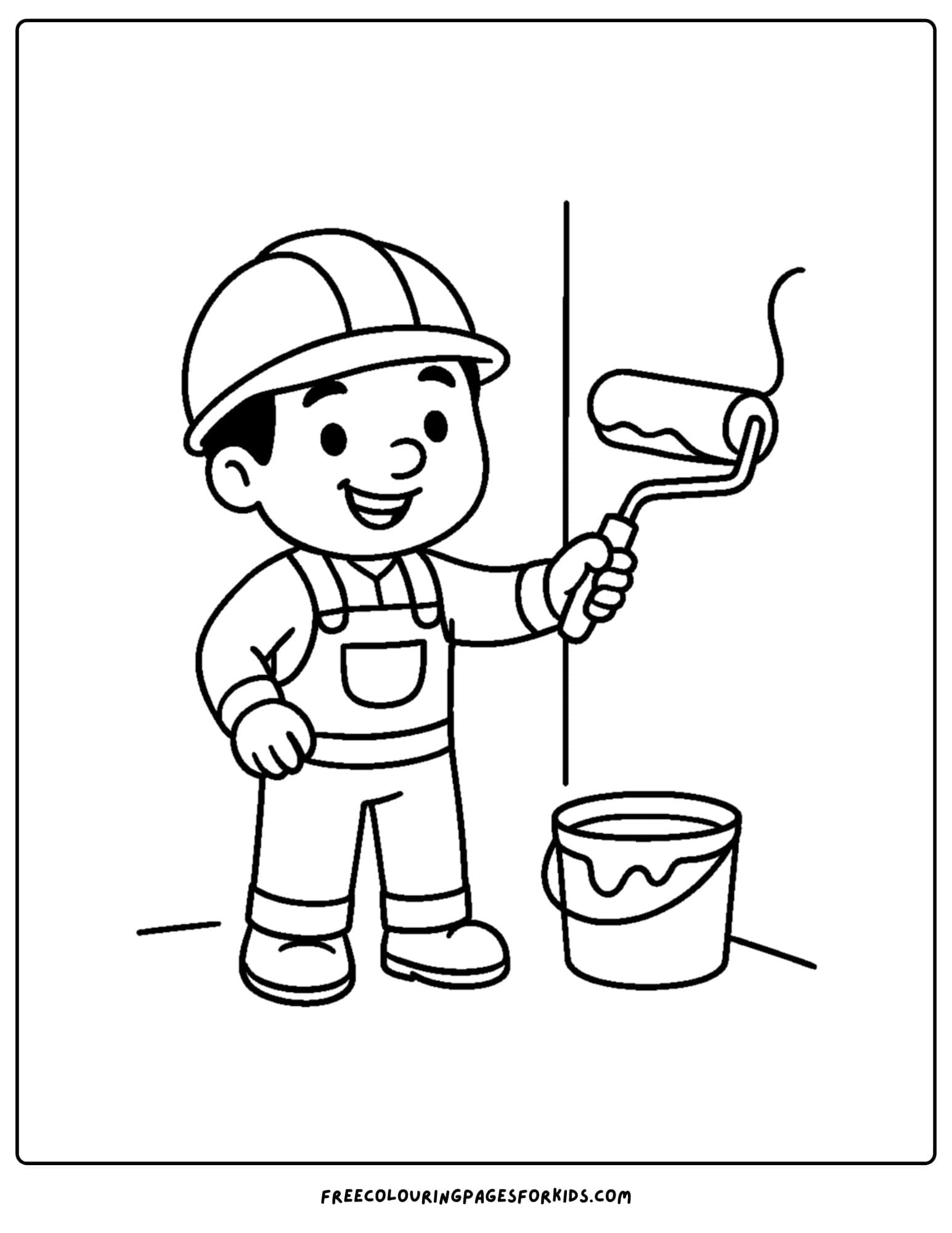 A builder coloring page in which a builder is painting a wall