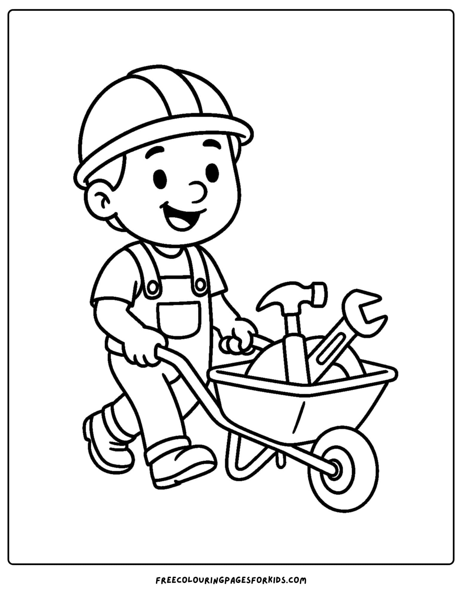 A builder coloring page featuring a builder pushing a wheelbarrow