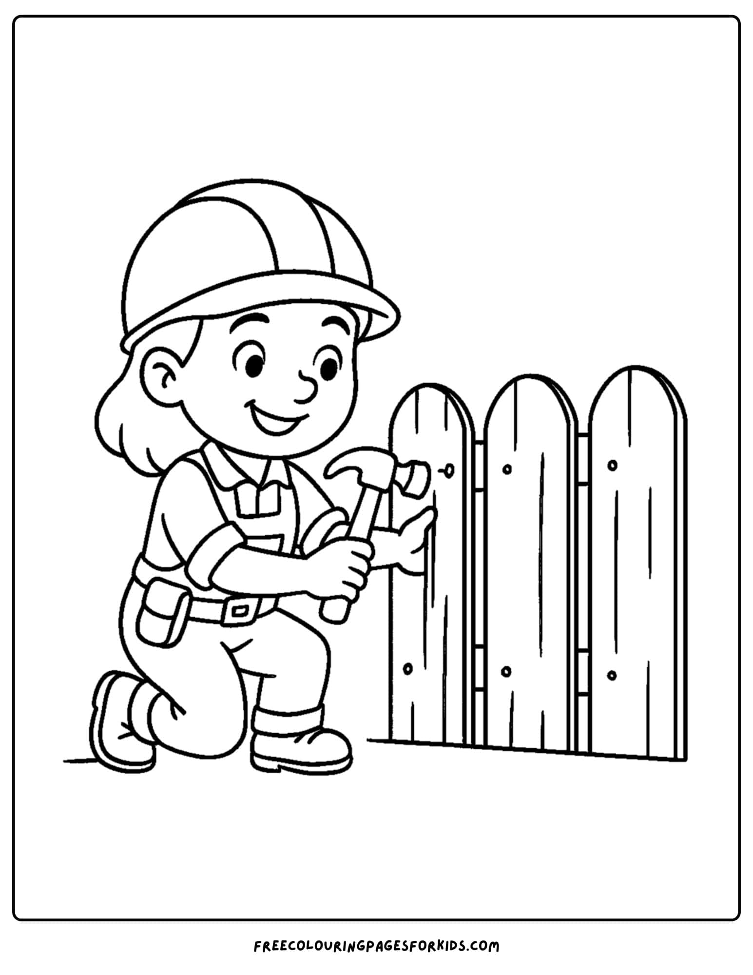 A builder coloring page featuring a builder repairing a fence
