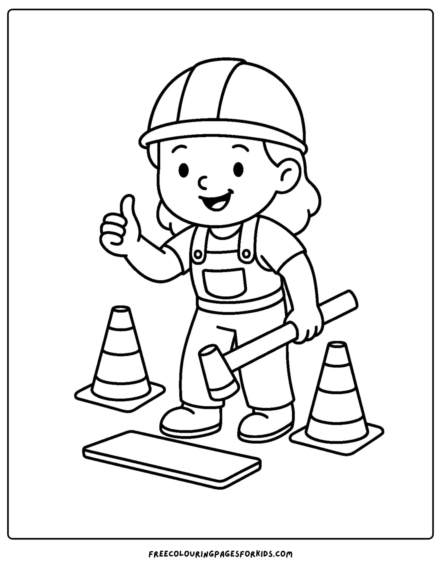 A builder coloring page in which a builder sets some cones