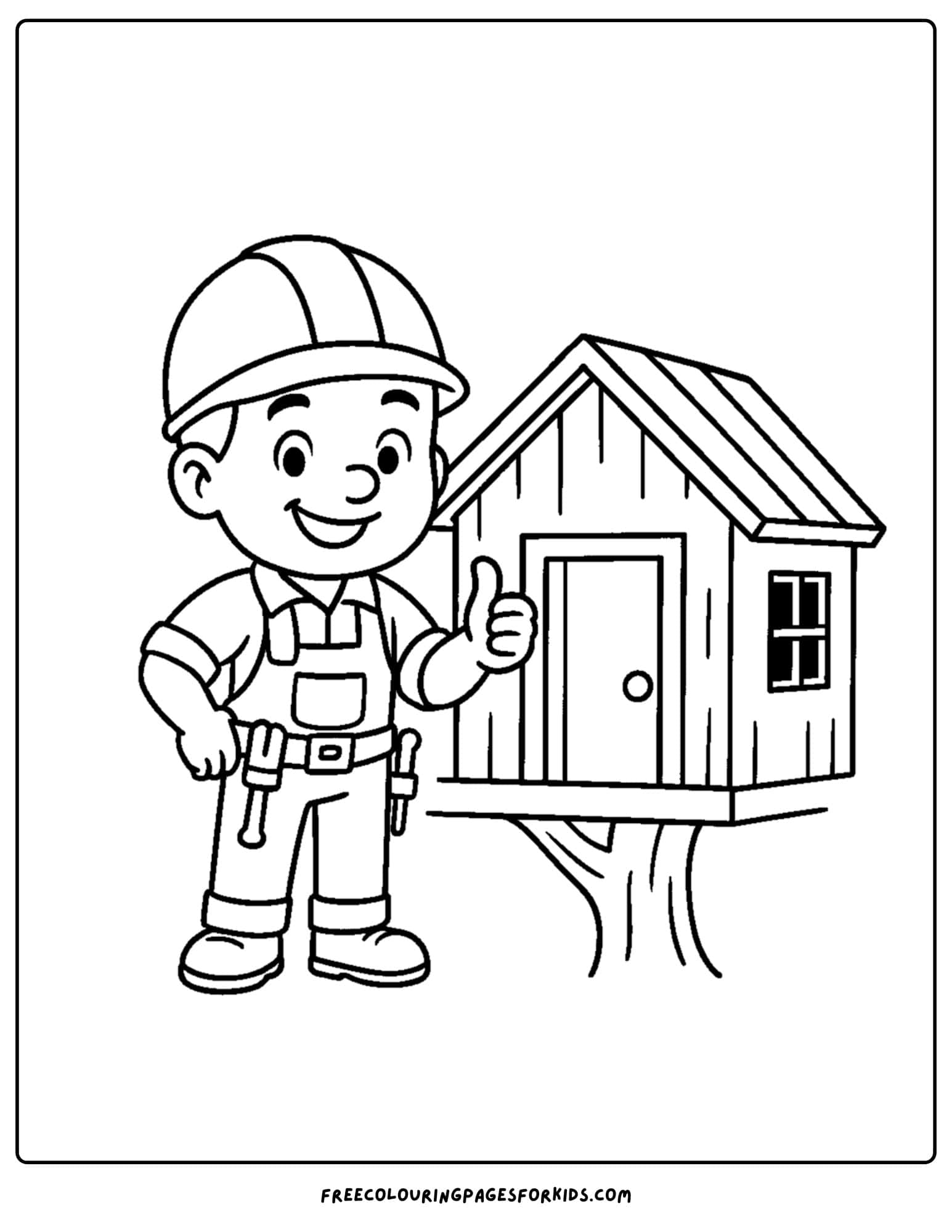 A builder coloring page in which a builder stands next to a tree house