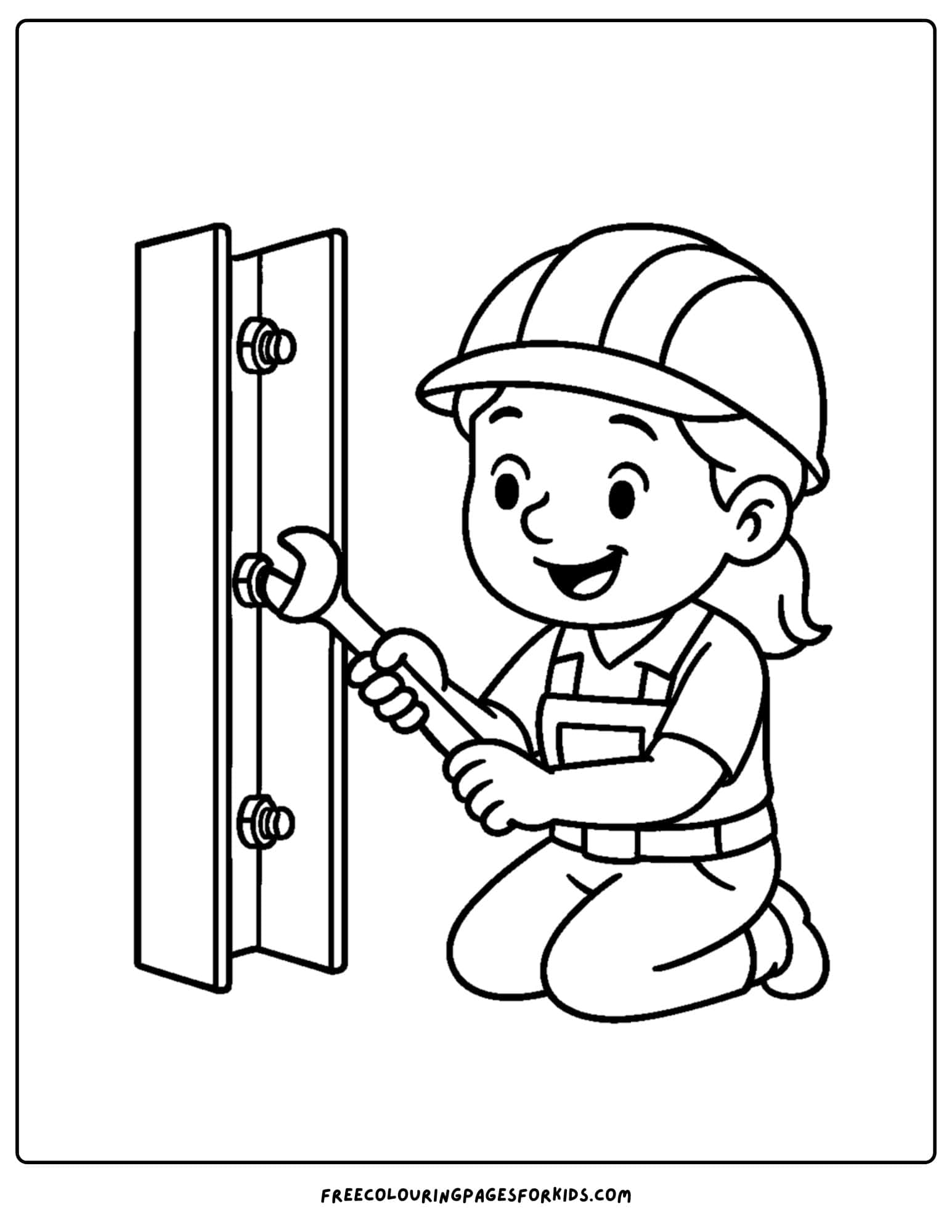 A builder coloring page featuring a builder tightening some bolts