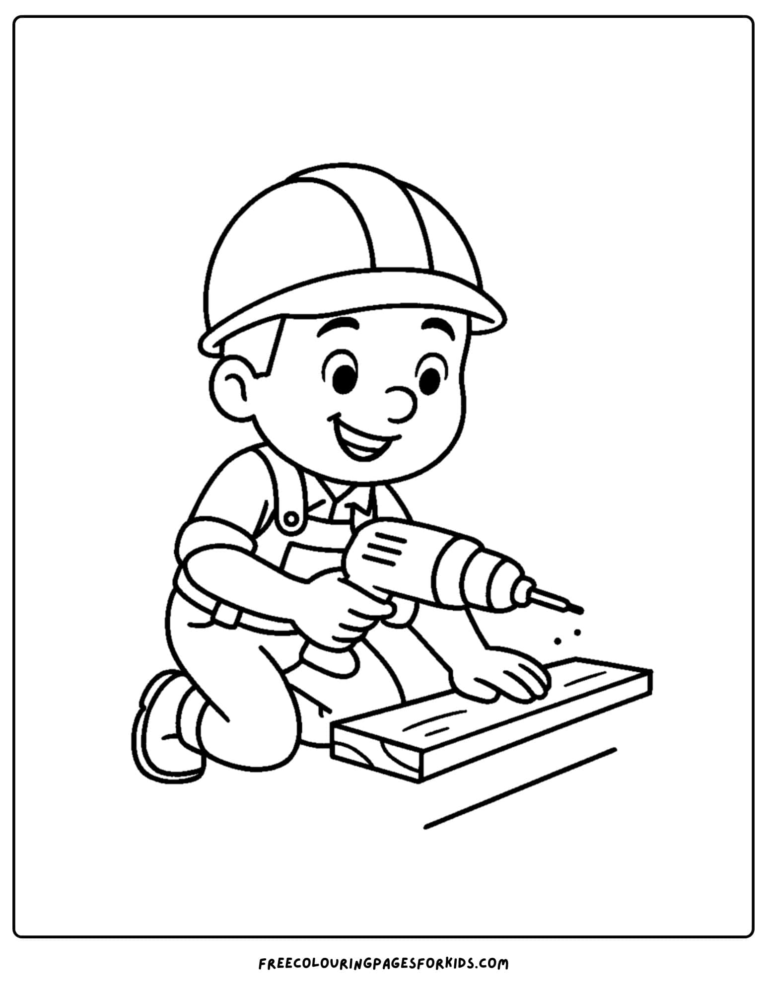 A construction coloring page featuring a construction worker using a drill on some wood