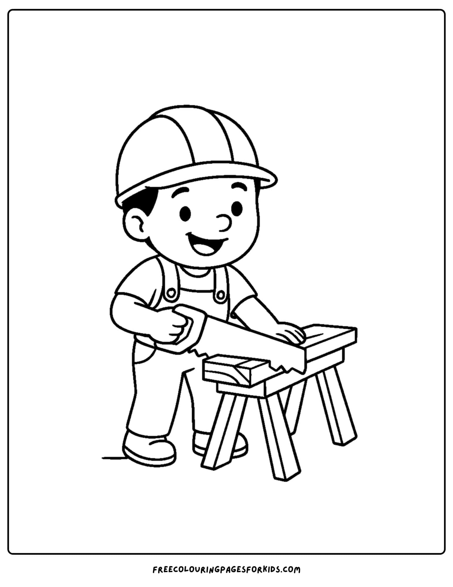 Construction worker coloring page in which a construction worker cuts wood using a handsaw