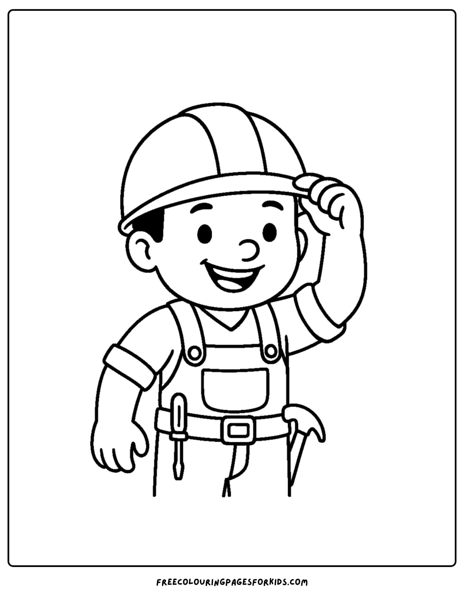 A construction worker coloring page featuring a construction worker wearing a hard hat and tool belt