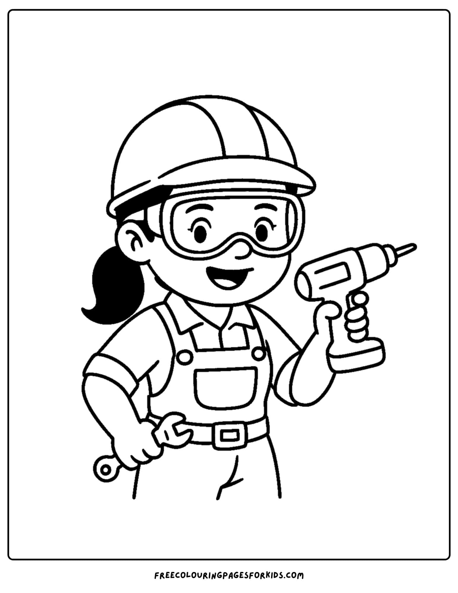 Builder coloring page with a builder wearing goggles and holding a drill