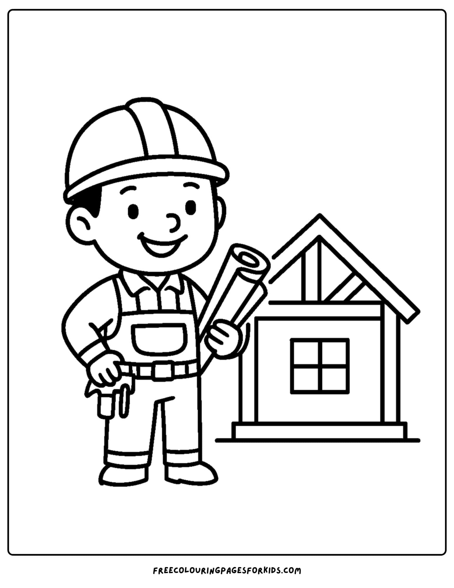 A builder coloring page containing a builder with some blueprints