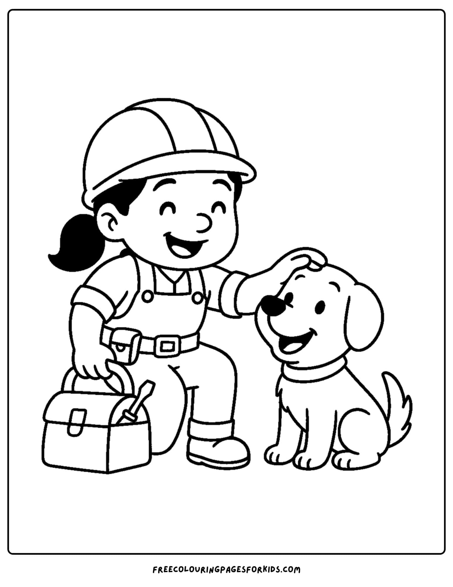 A builder coloring page featuring a builder and her construction site dog friend