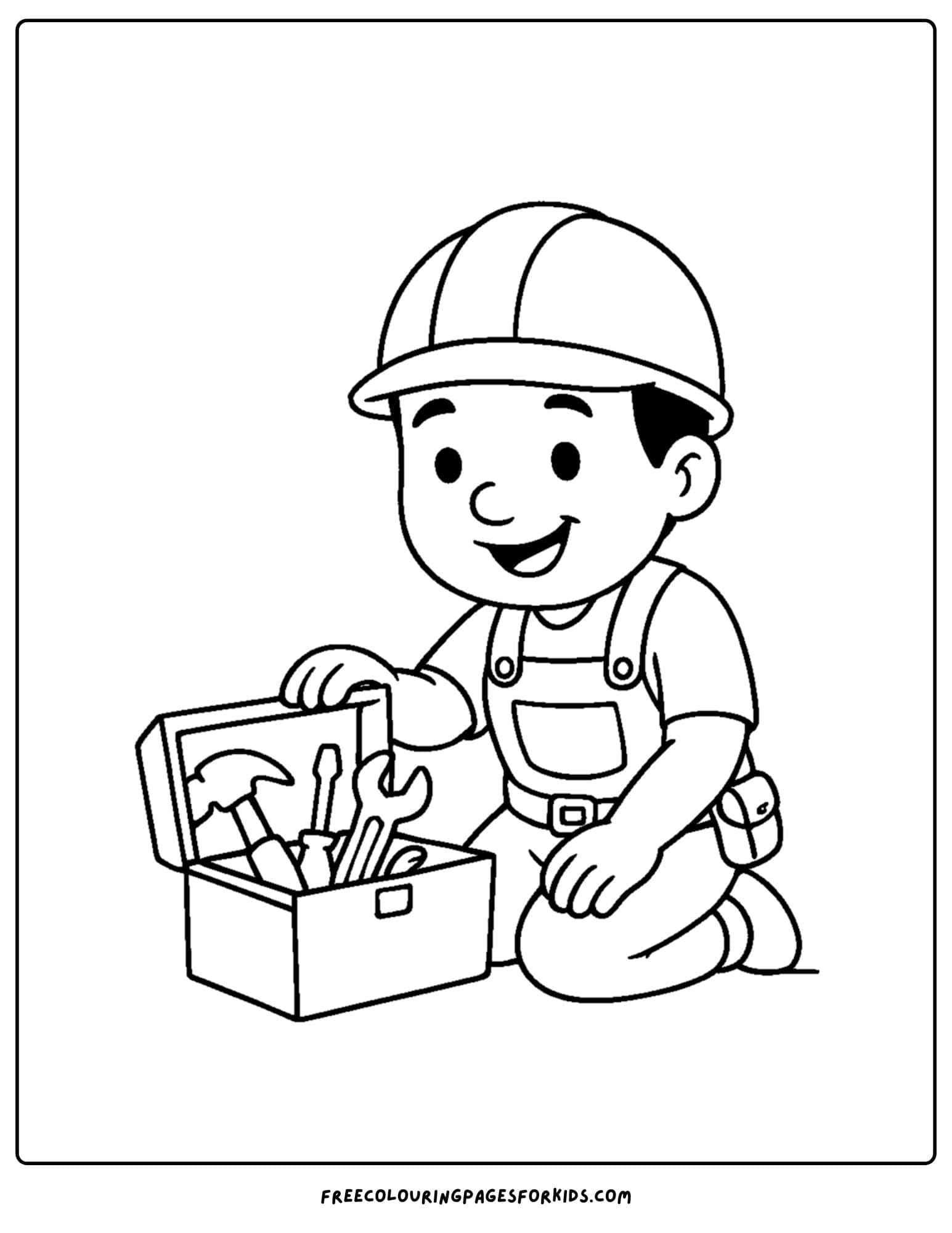 A builder coloring page featuring a builder and his tool box