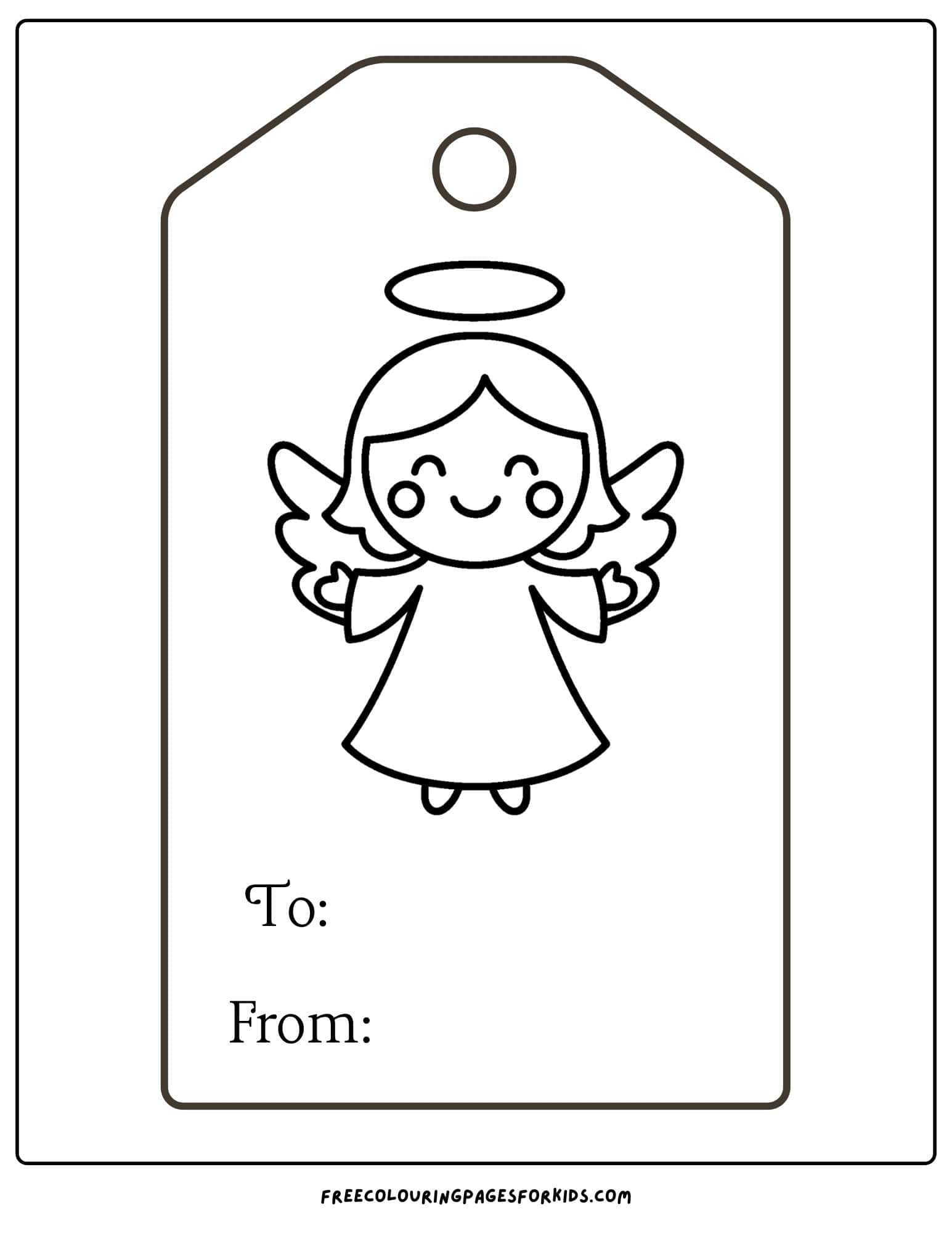 a christmas gift tag to color featuring an angel smiling
