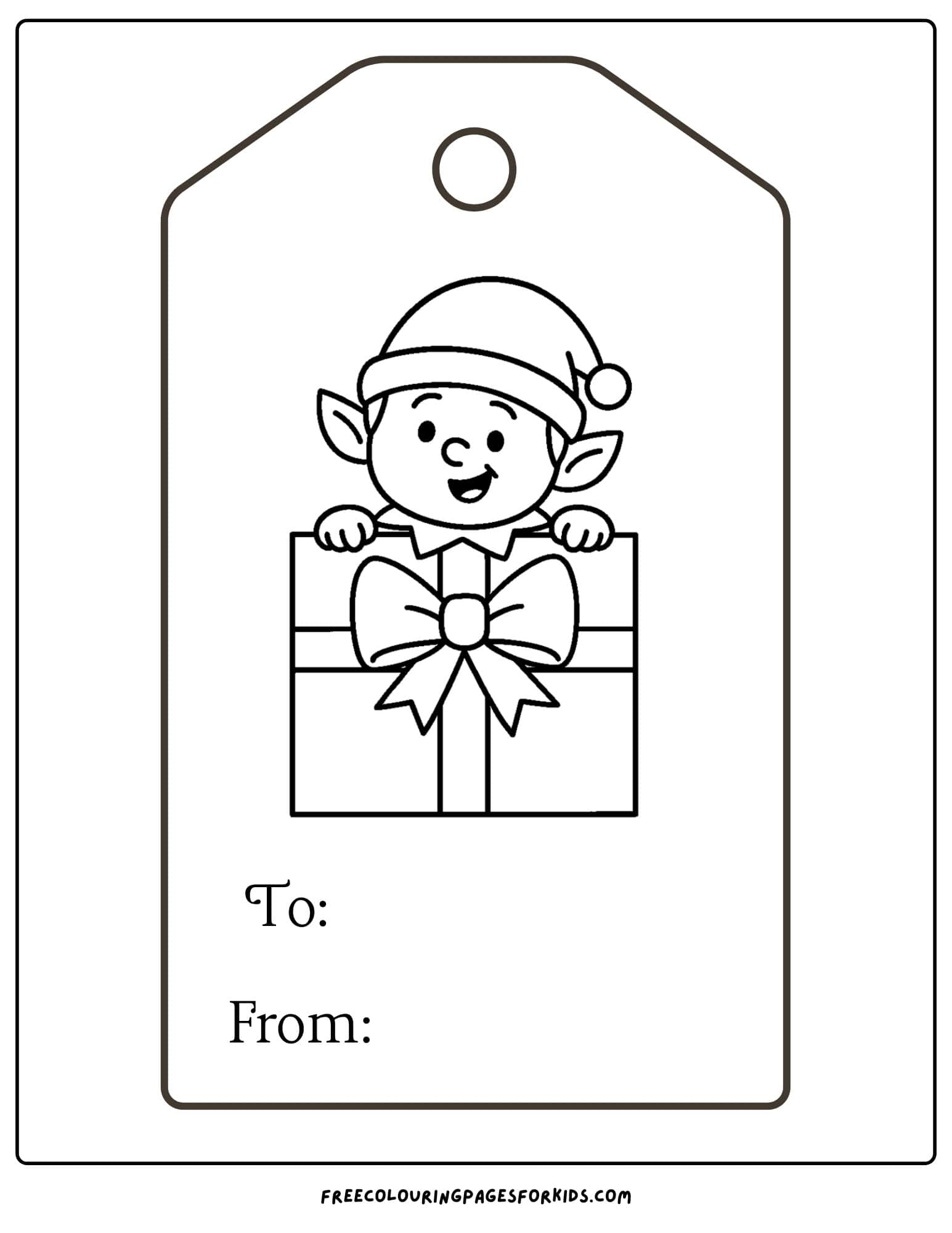 a christmas gift tag to color featuring an elf peeking behind a christmas gift
