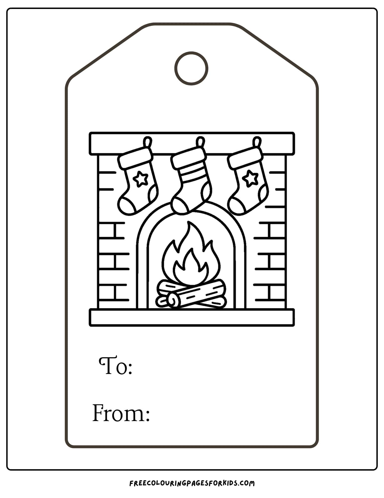 a christmas gift tag to color featuring a fireplace with stockings