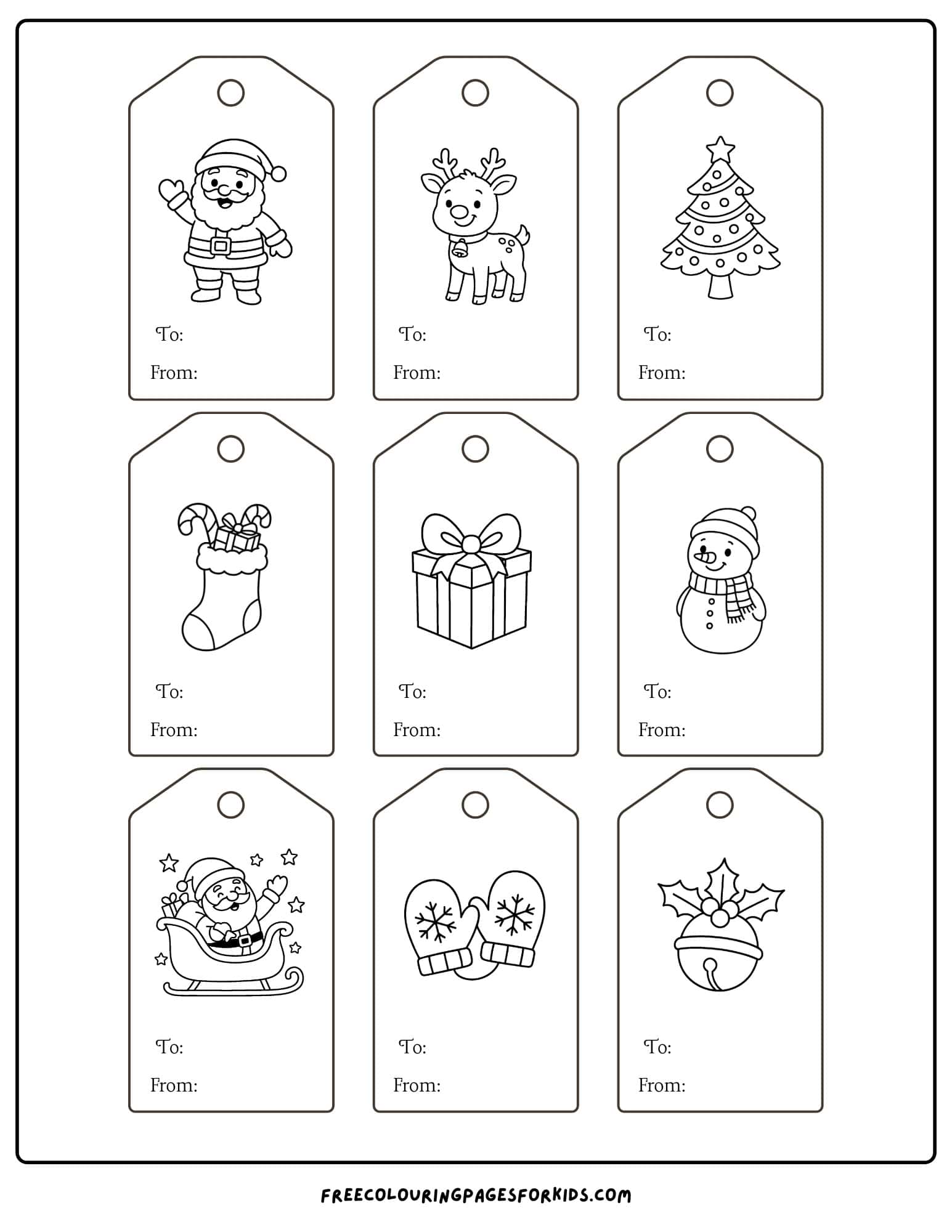 printable christmas tags to color yourself, page of 9 cards to cut out.
