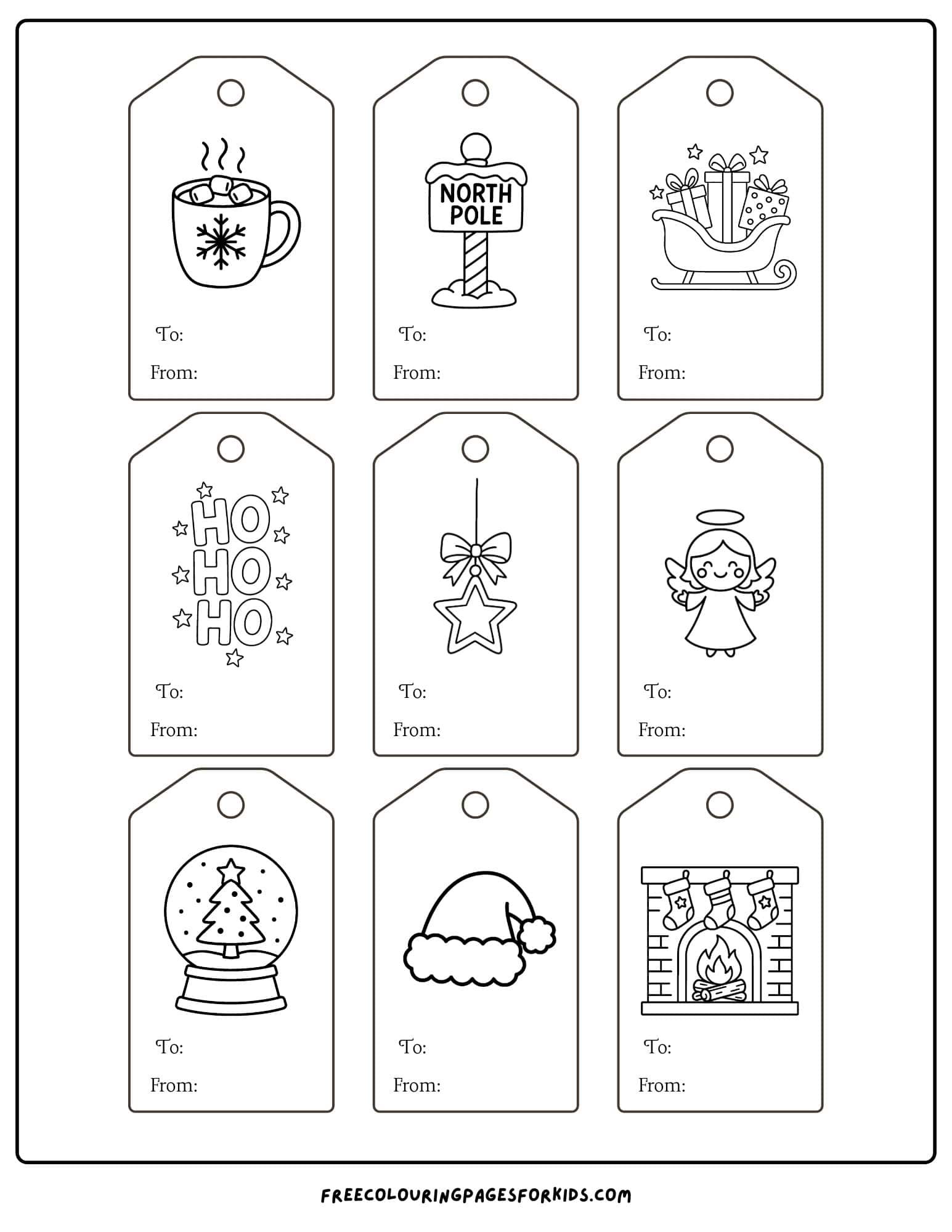 printable christmas tags to color yourself, page of 9 cards to cut out.
