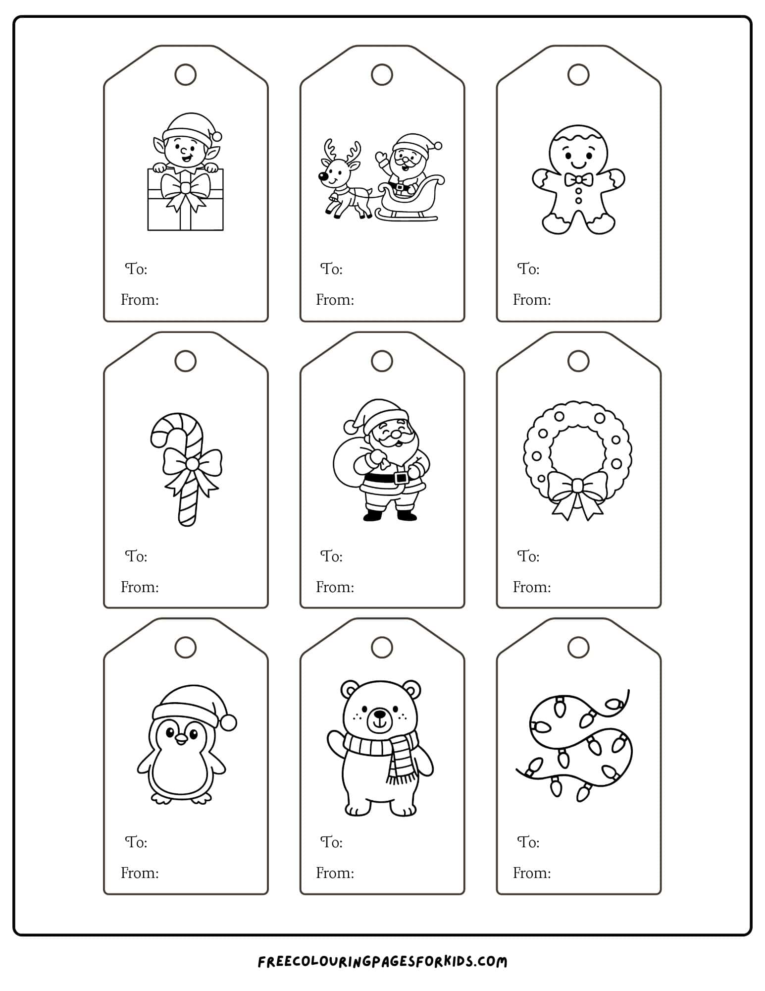 printable christmas tags to color yourself, page of 9 cards to cut out.