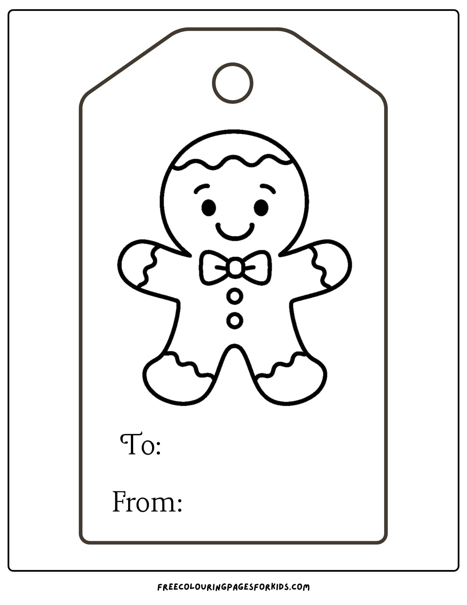 a christmas gift tag to color featuring a gingerbread man