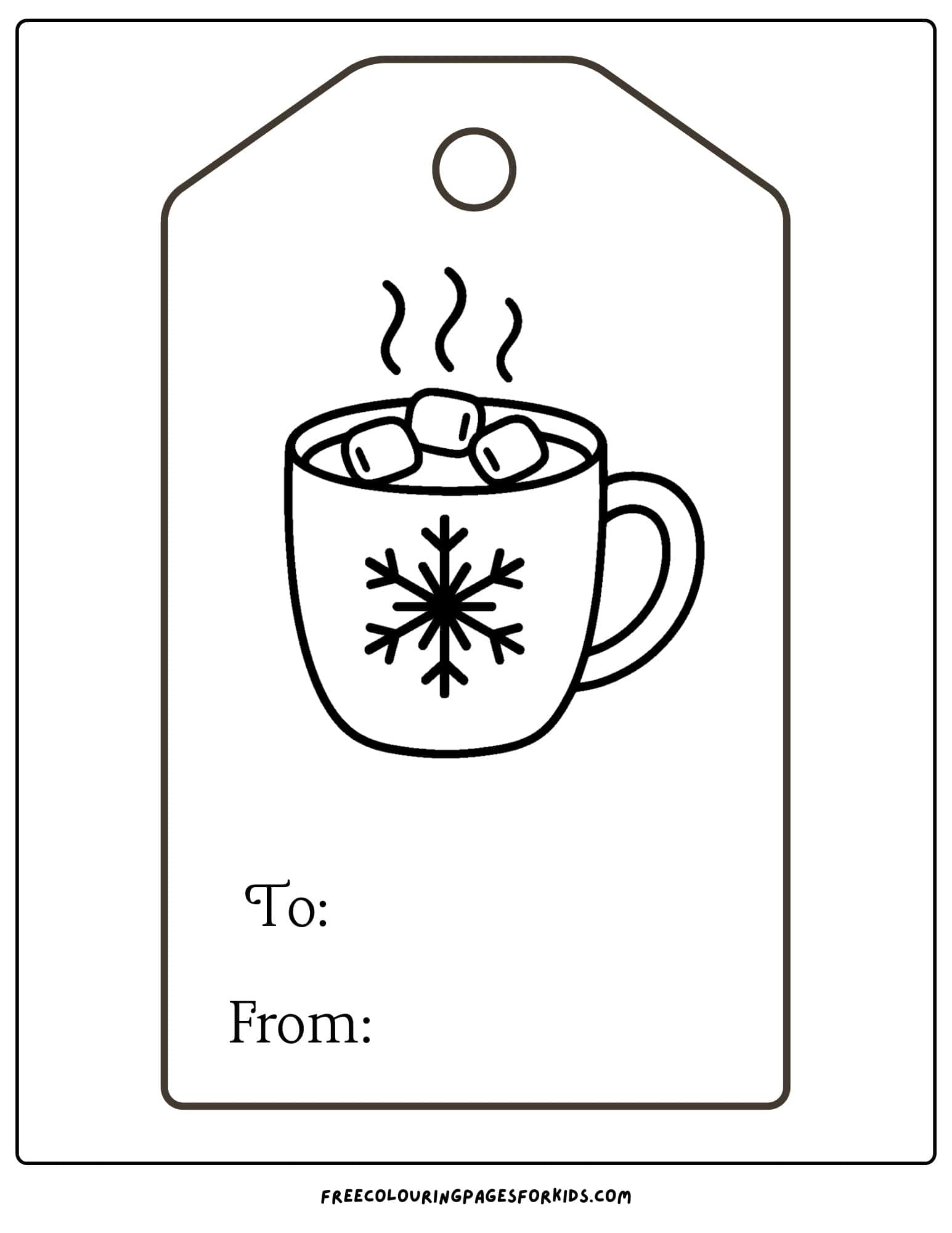 a christmas gift tag to color featuring a hot cup of cocoa