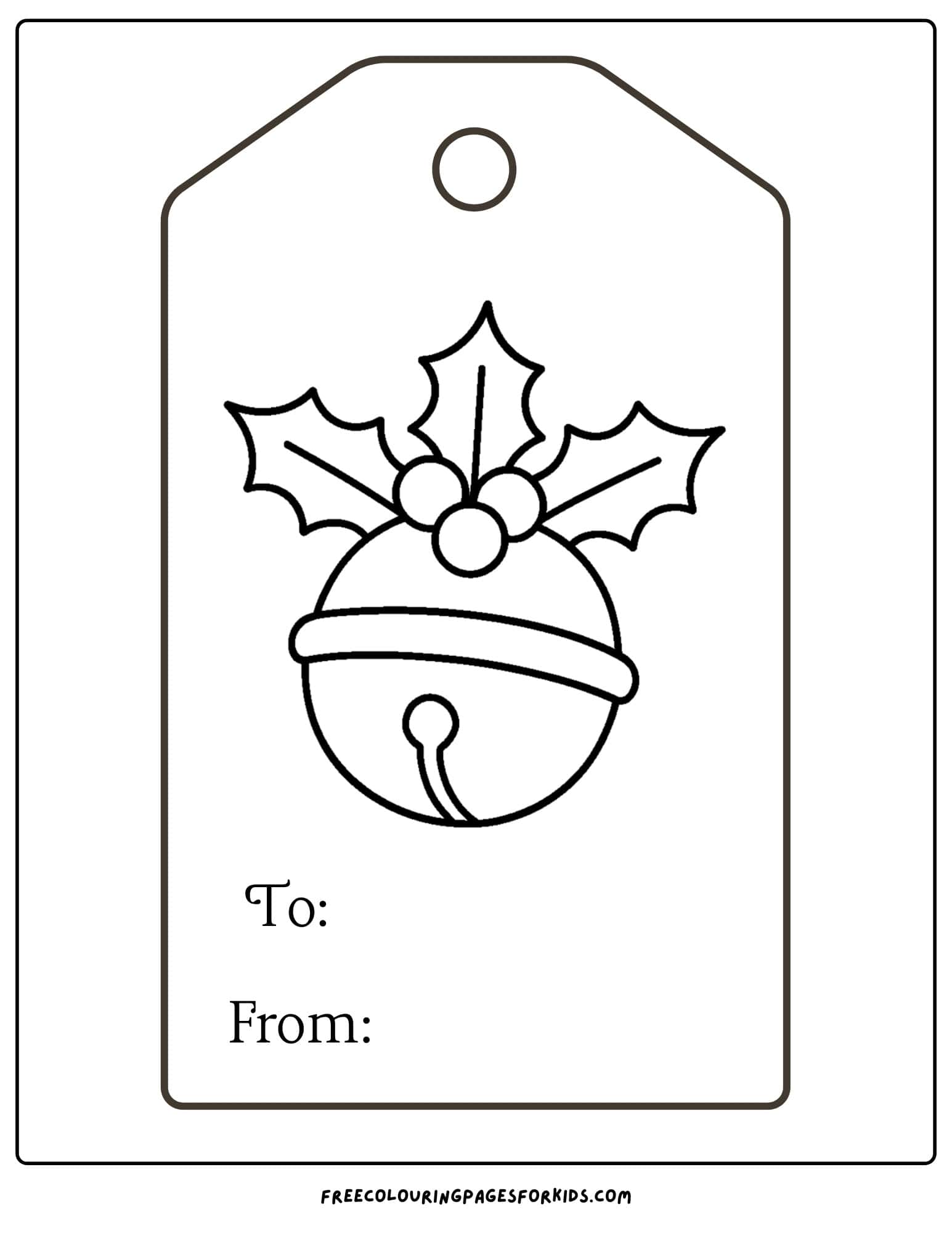a christmas gift tag to color featuring a jingle bell and holly leaves