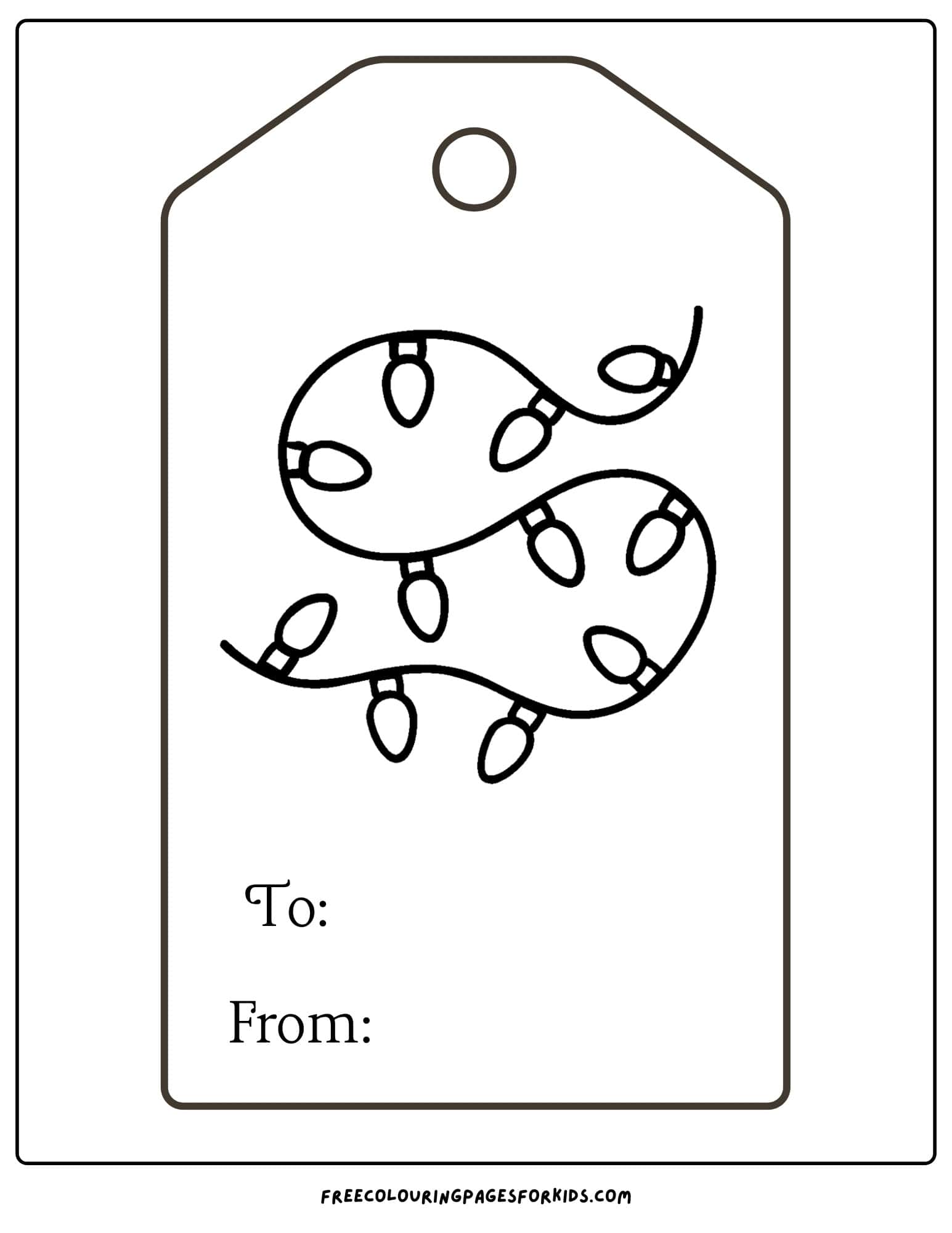 a christmas gift tag to color featuring a string of christmas lights