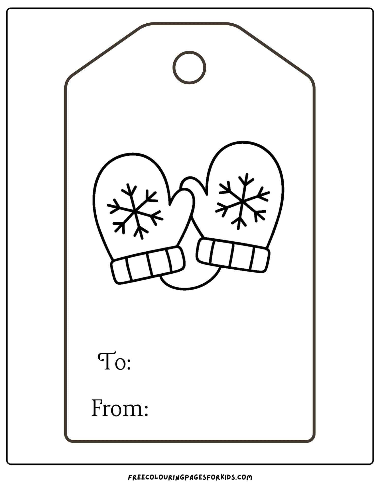 a christmas gift tag to color featuring mittens with snowflakes on them