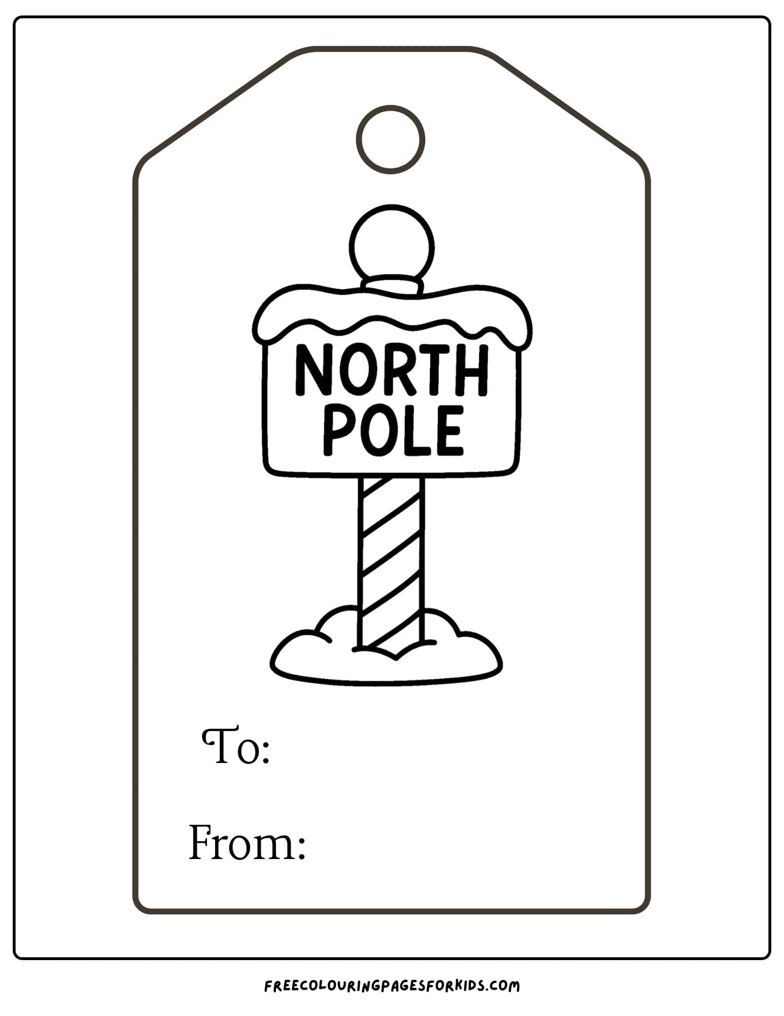 a christmas gift tag to color featuring a sign to the north pole