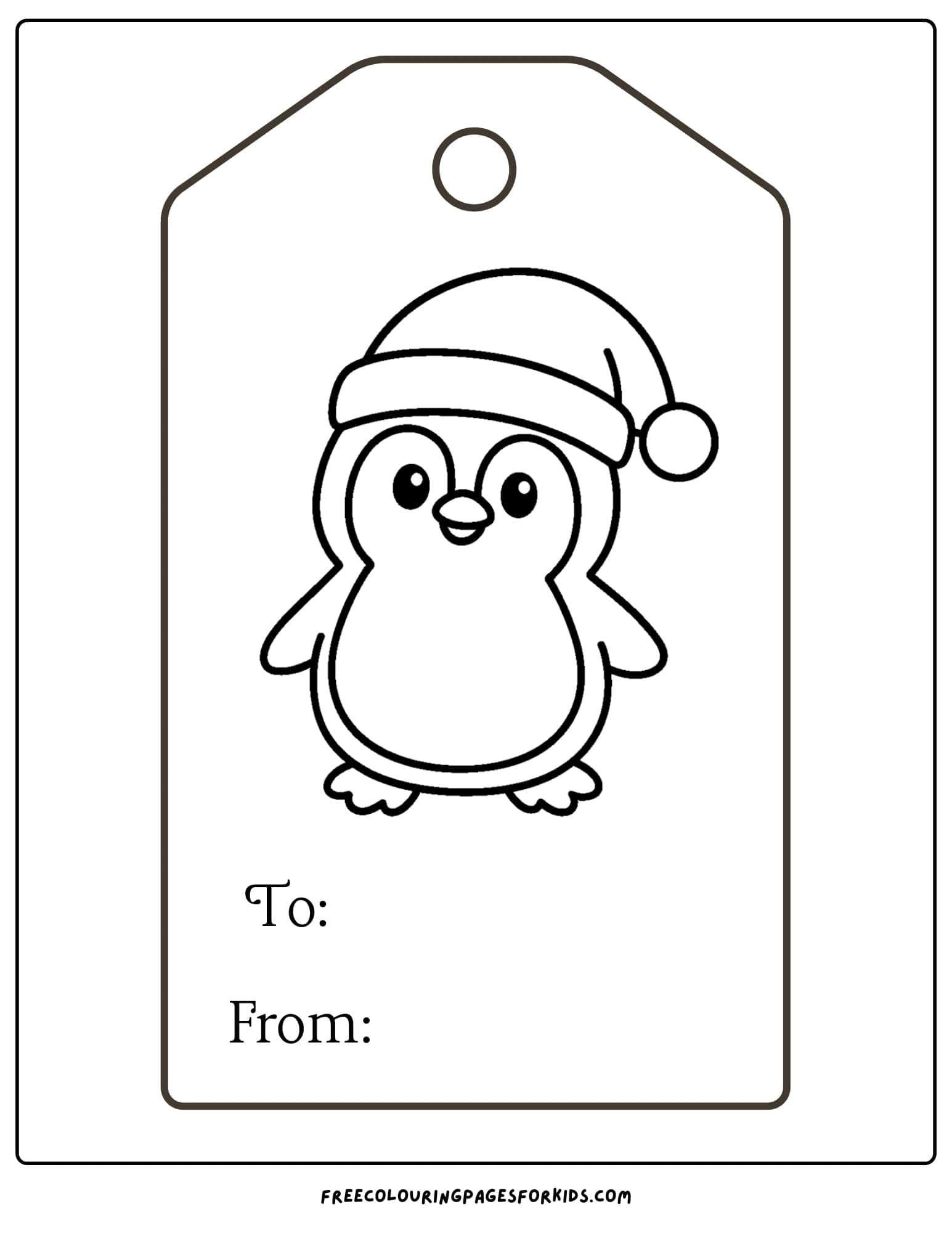 a christmas gift tag to color featuring a penguin wearing a santa hat