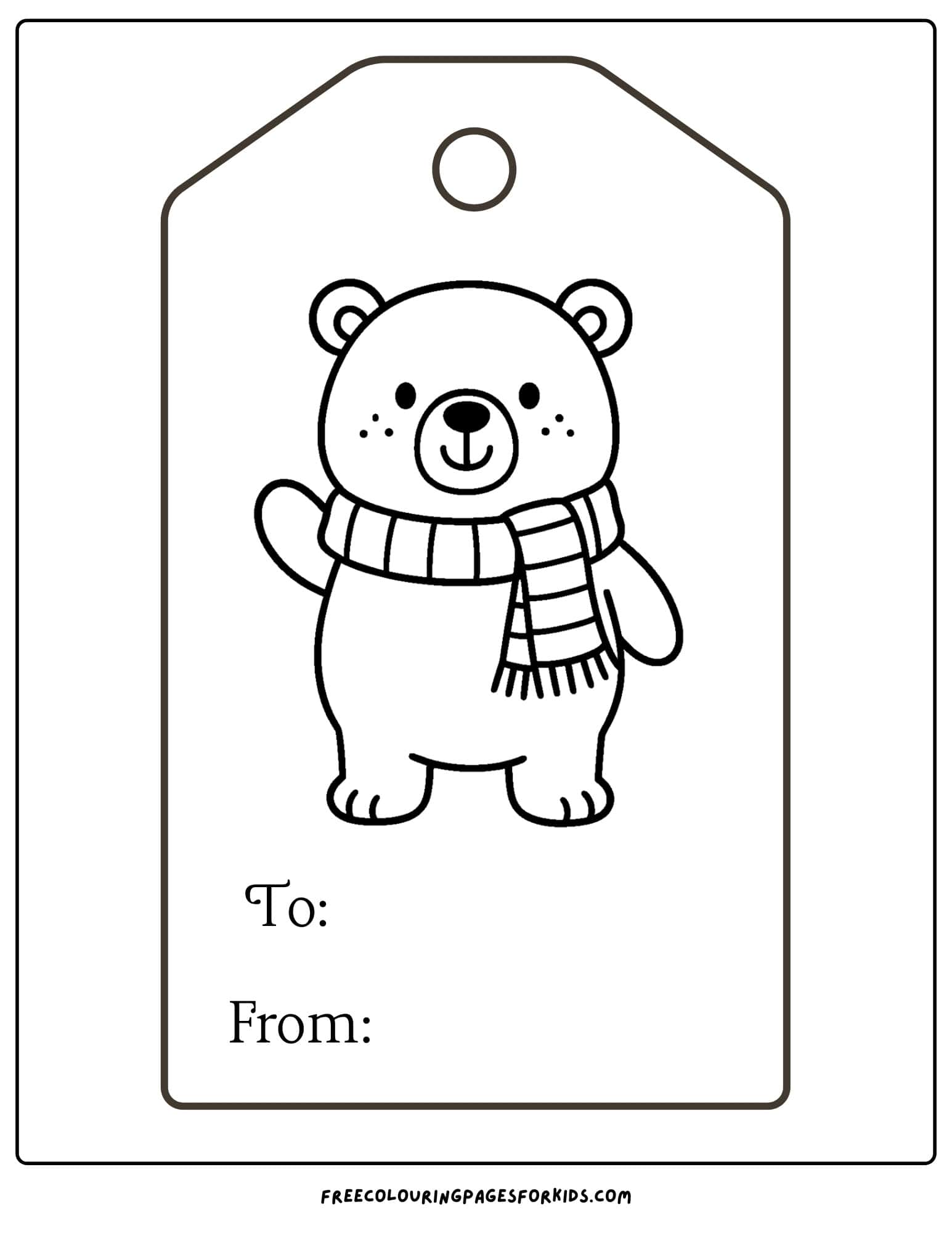 a christmas gift tag to color featuring a bear wearing a scarf