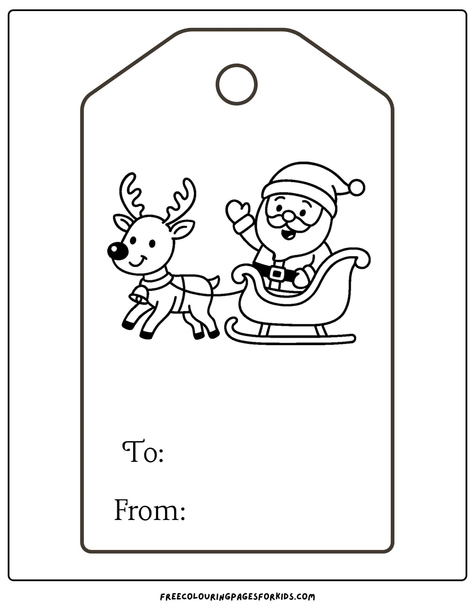 a christmas gift tag to color featuring santa and rudolph