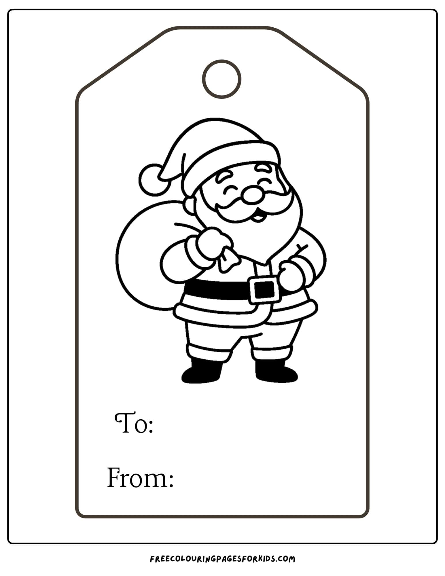 a christmas gift tag to color featuring santa with a bag of presents