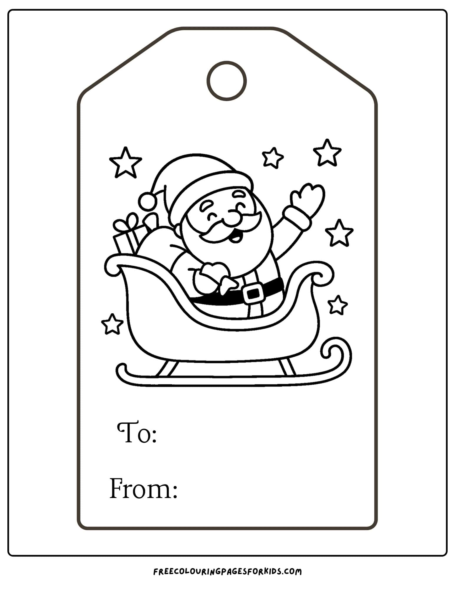 a christmas gift tag to color featuring santa in his sleigh