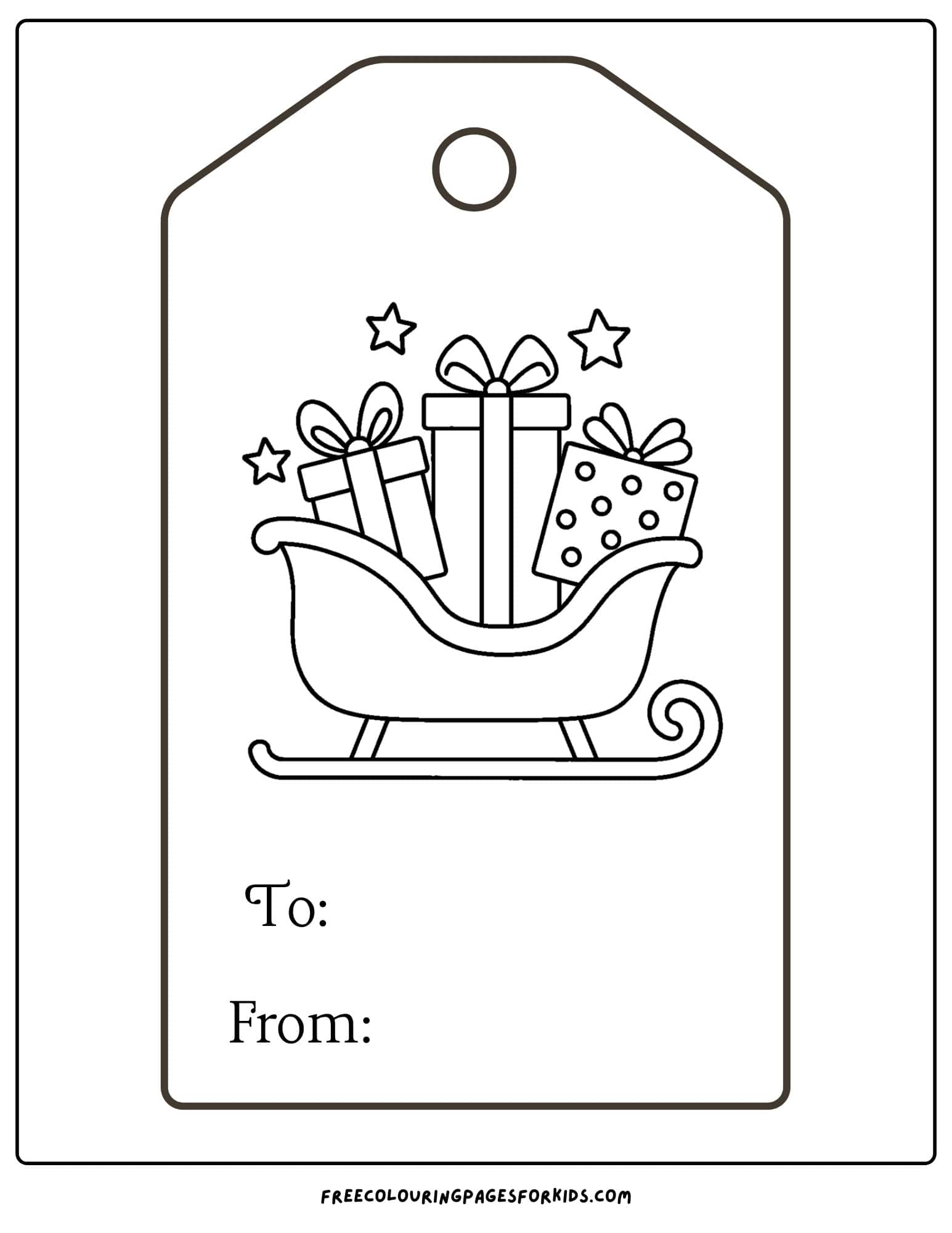 a christmas gift tag to color featuring a sleigh full of presents