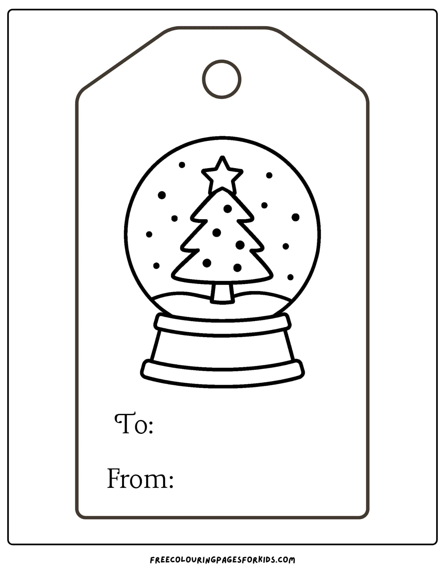 a christmas gift tag to color featuring a snow globe