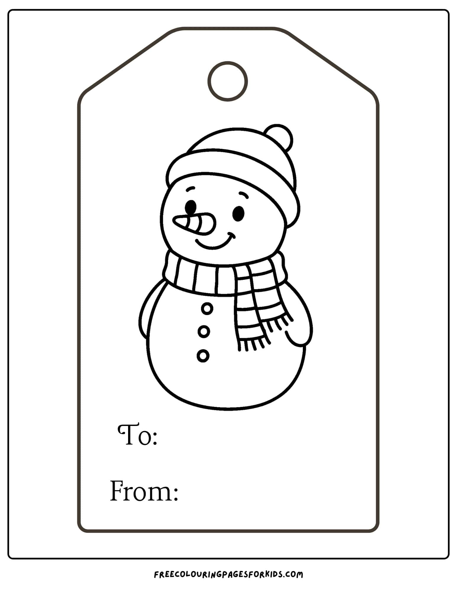 a christmas gift tag to color featuring a snowman