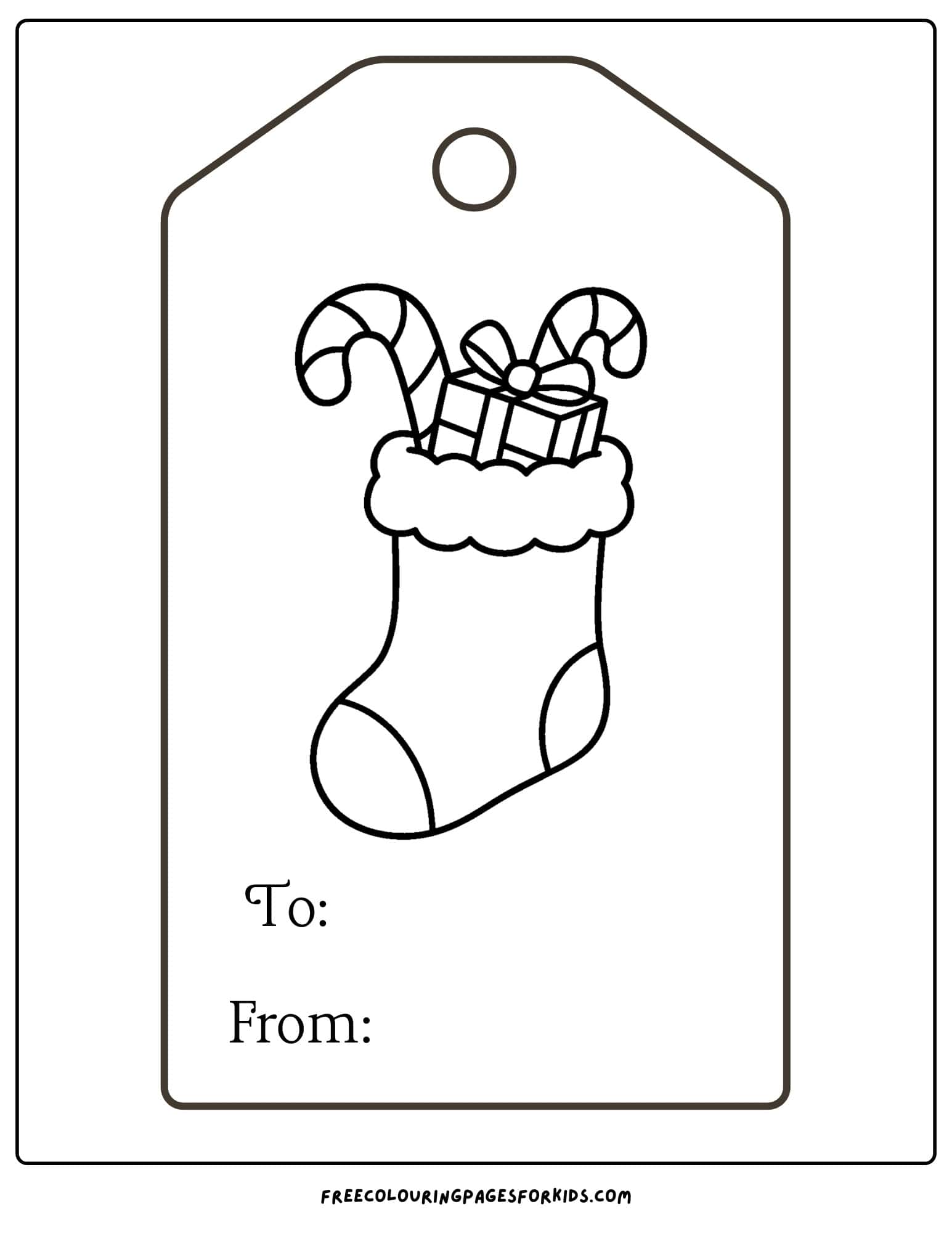 a christmas gift tag to color featuring a christmas stocking full of candy