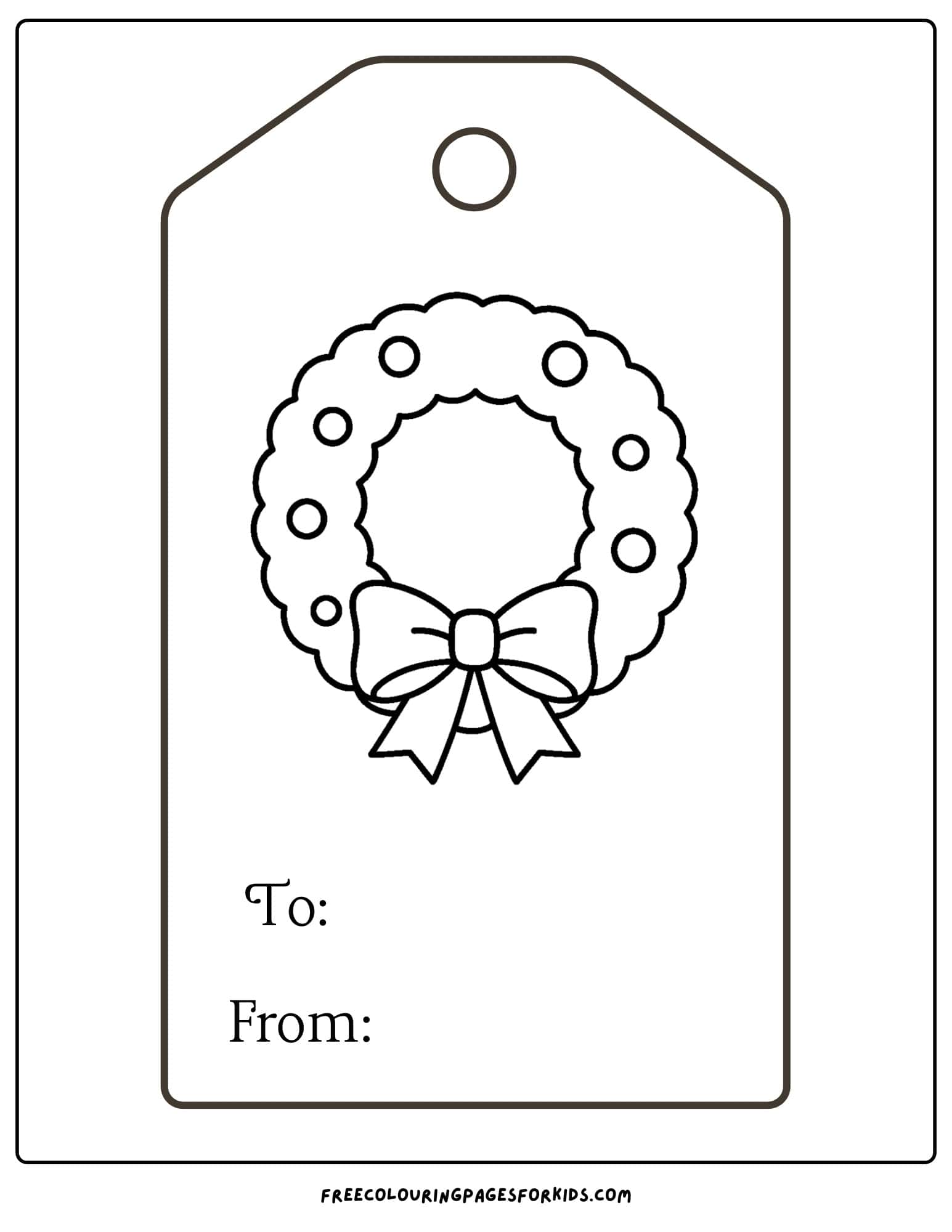 a christmas gift tag to color featuring a christmas wreath with a bow