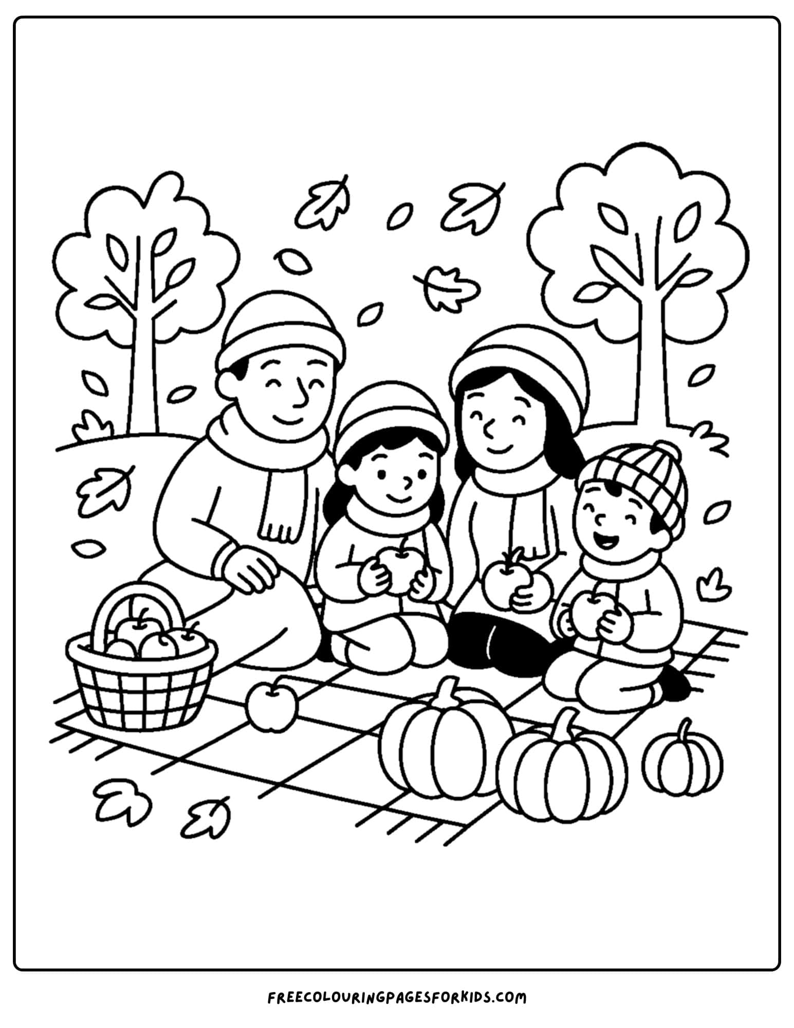 a cozy coloring page featuring a family having a fall picnic