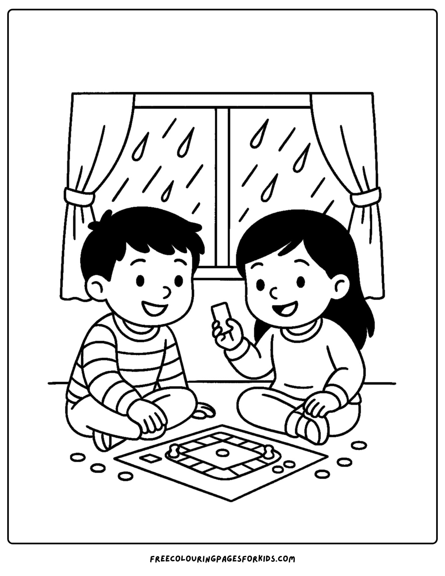 a cozy coloring page featuring kids playing board games on a rainy day