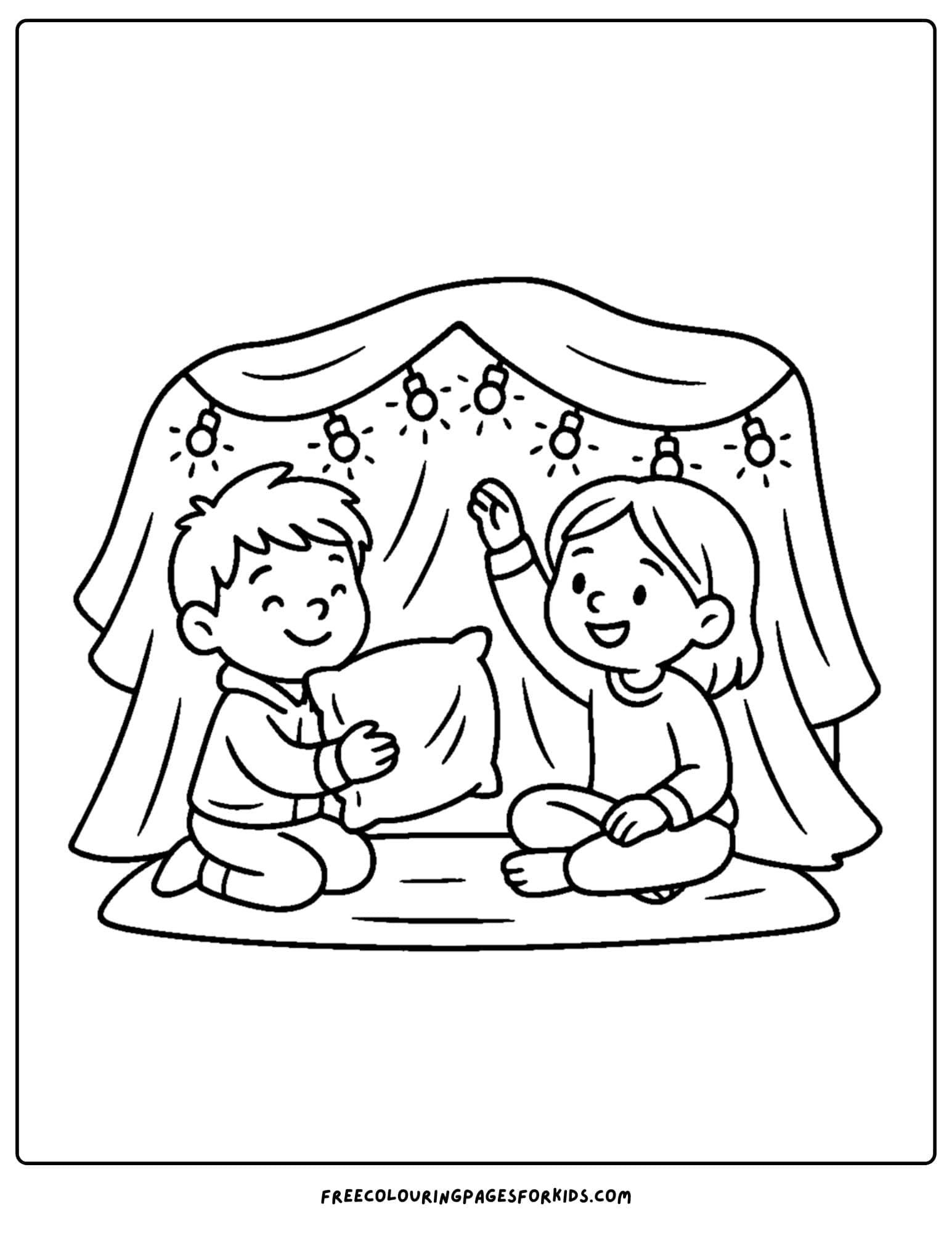 a cozy coloring page featuring kids in a pillow fort