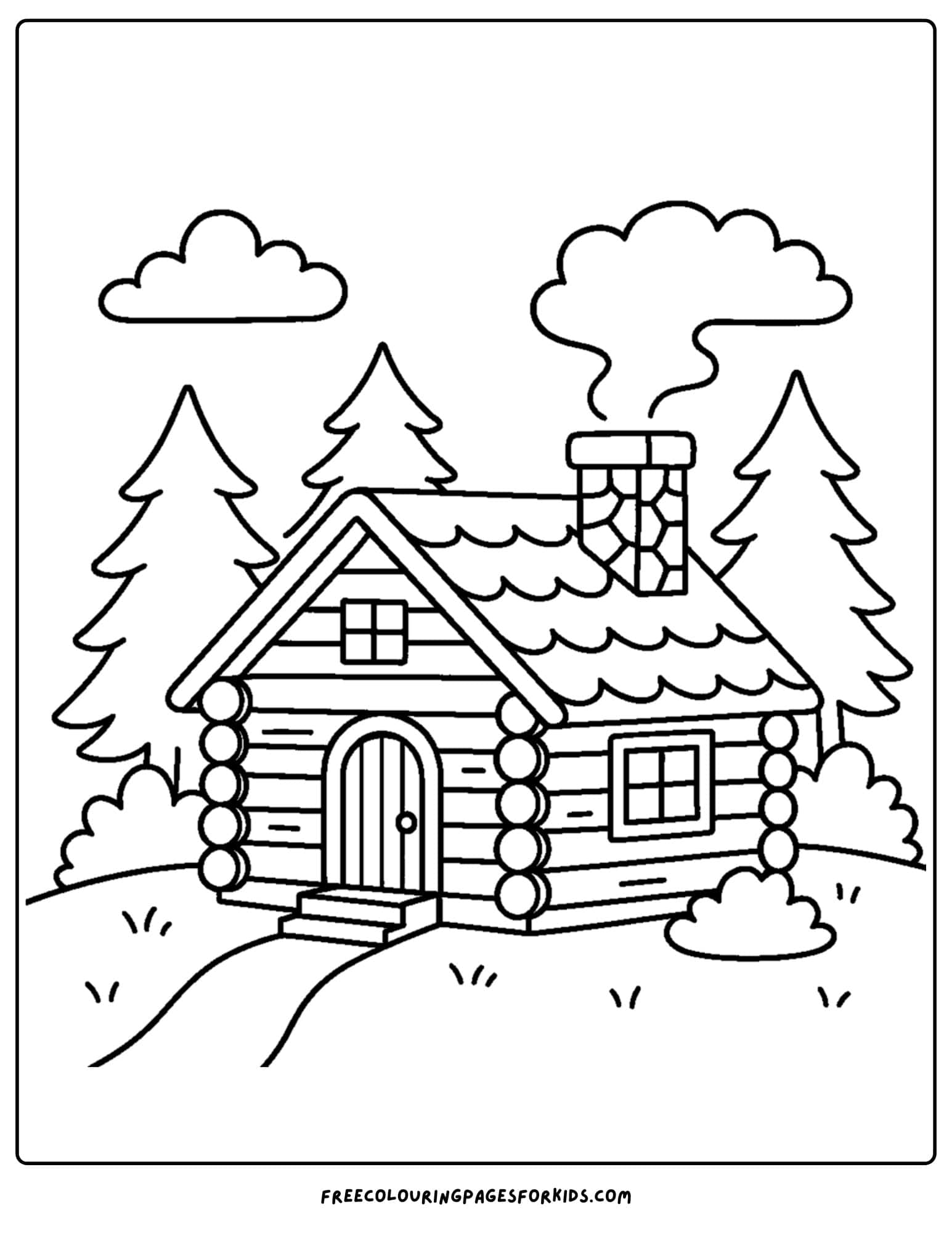 a cozy coloring page featuring a cabin in the woods