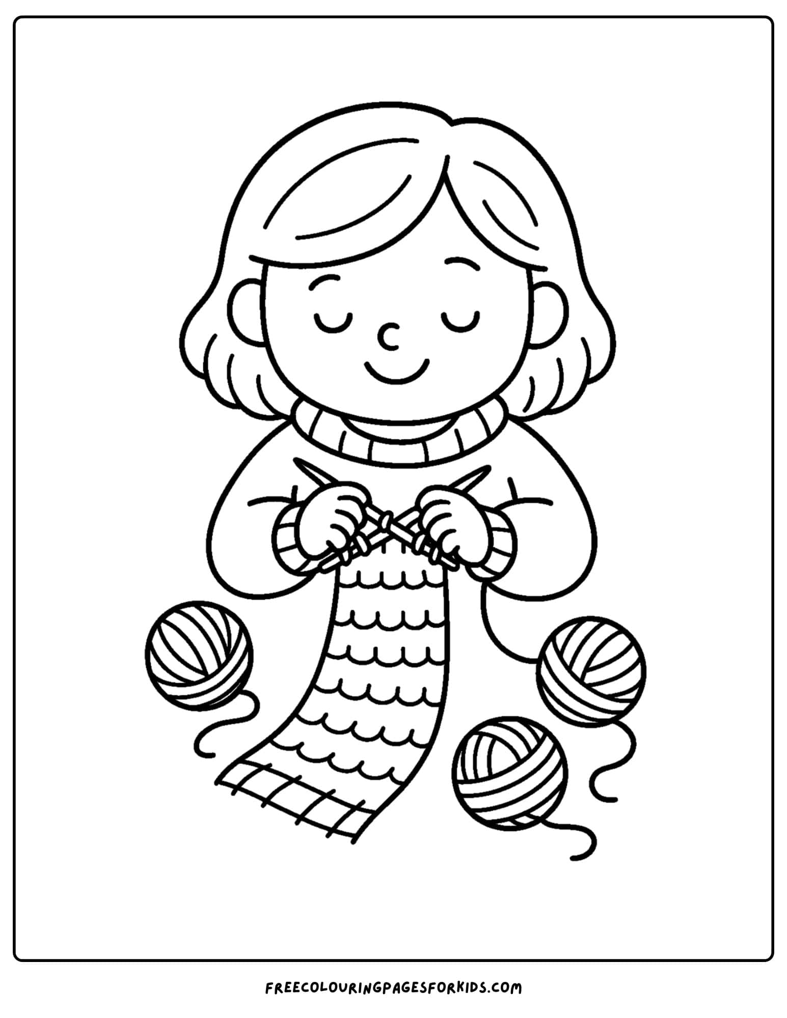 a cozy coloring page featuring a child knitting a scarf