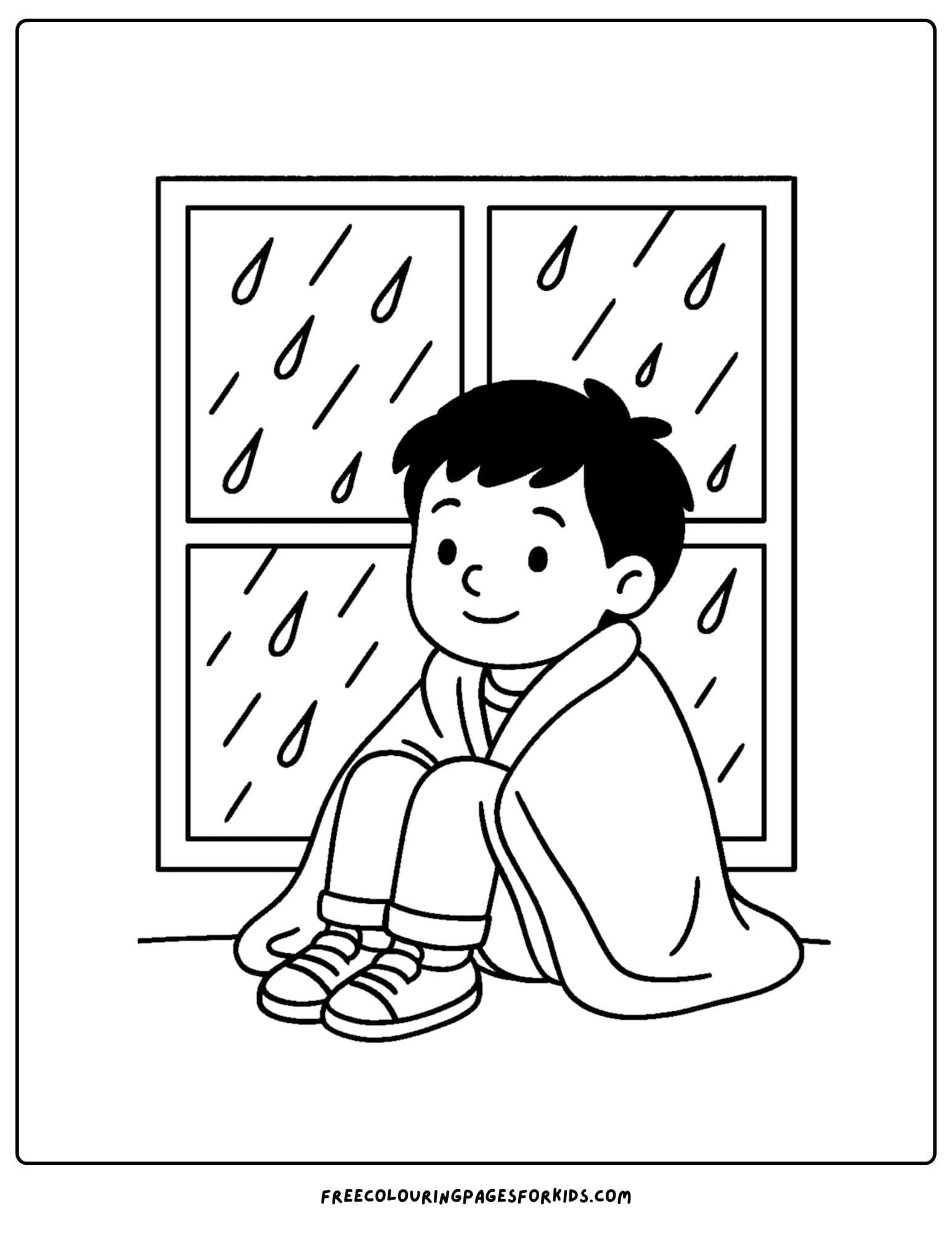 a cozy coloring page featuring a child watching the rain fall in the window under a blanket