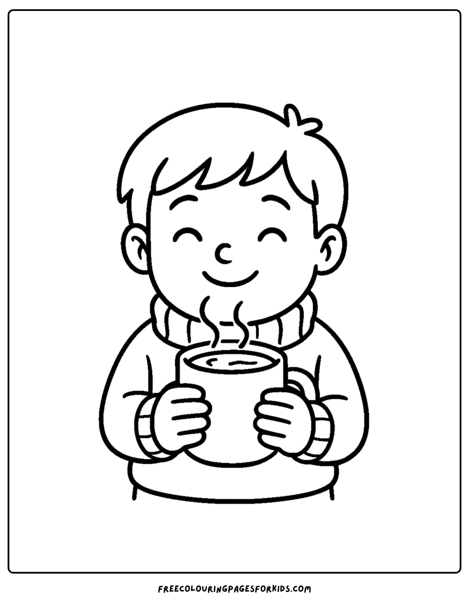 a cozy coloring page featuring a child with a cup of hot chocolate