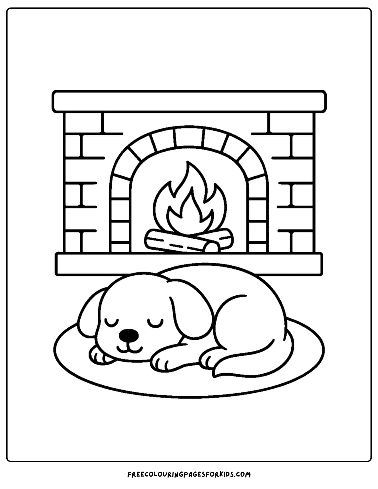a cozy coloring page featuring a dog sleeping by the fire