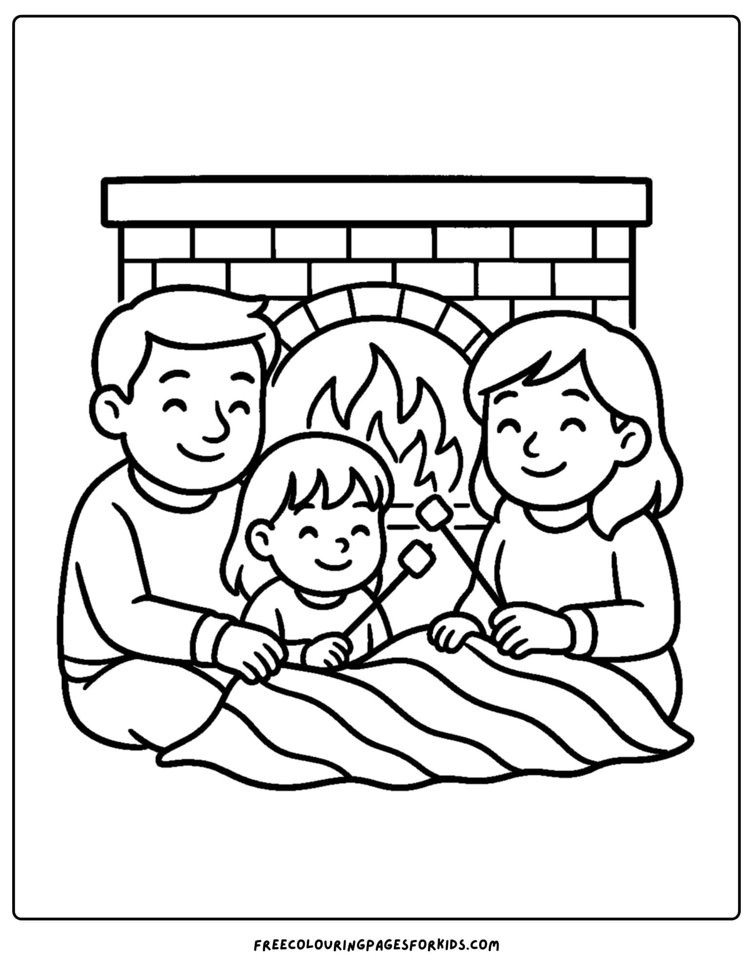 a cozy coloring page featuring a family sitting by the fireplace