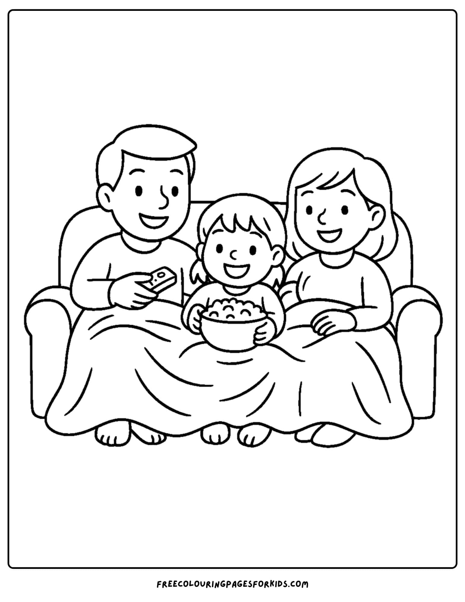 a cozy coloring page featuring a family ready for a movie night