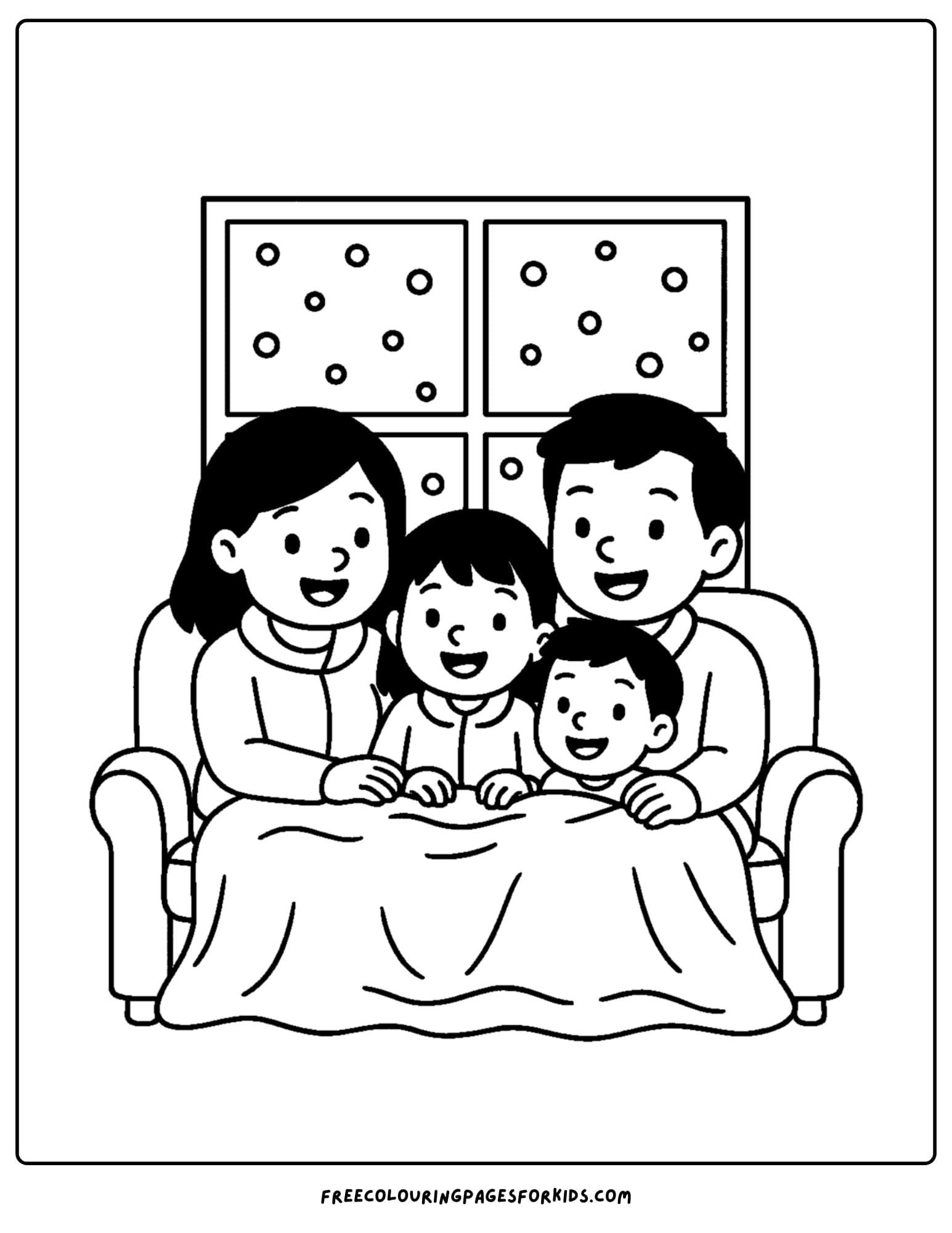 a cozy coloring page featuring a family under a blanket on the couch with snow falling outside