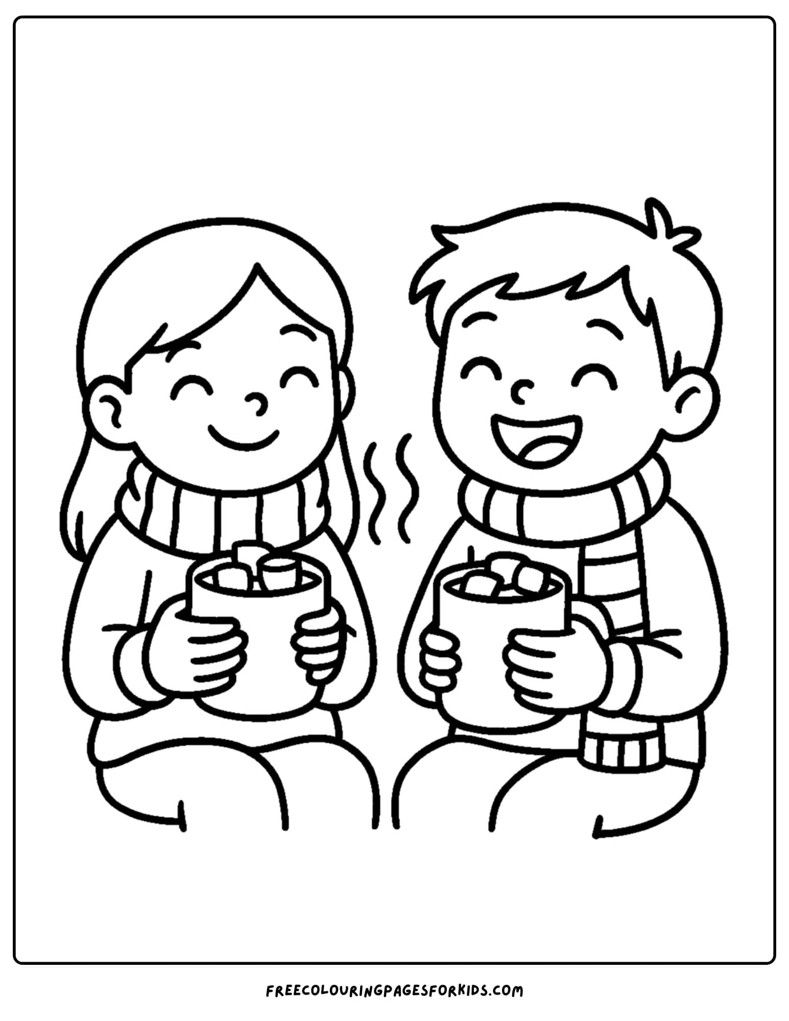 a cozy coloring page featuring friends drinking hot cocoa