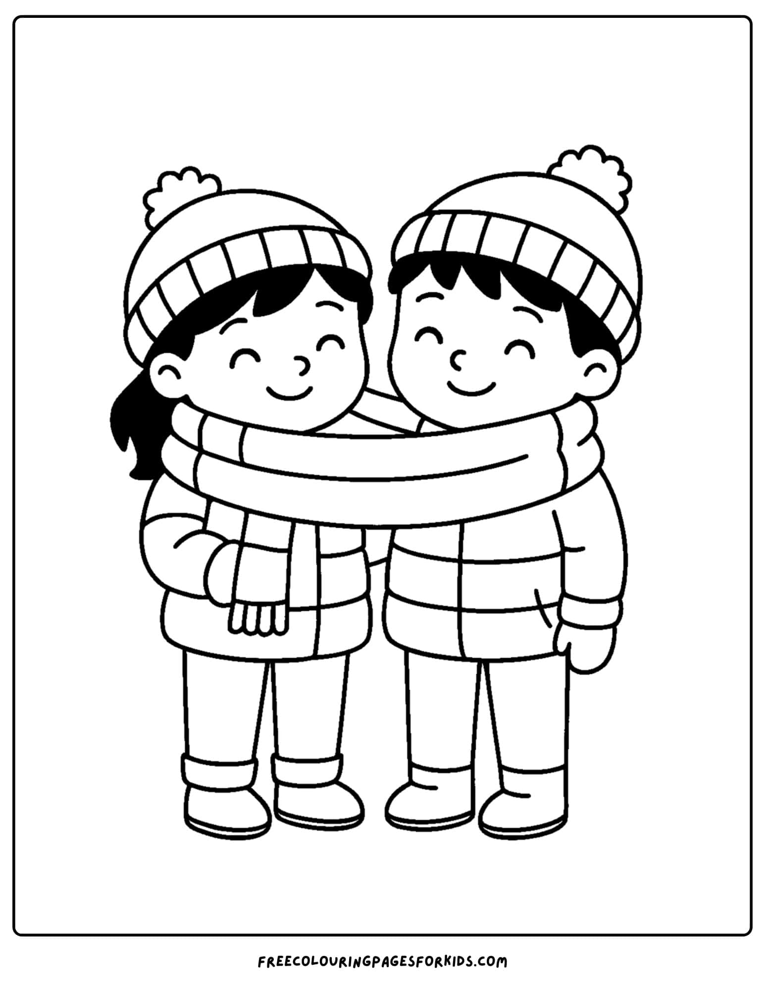a cozy coloring page featuring friends sharing a giant scarf