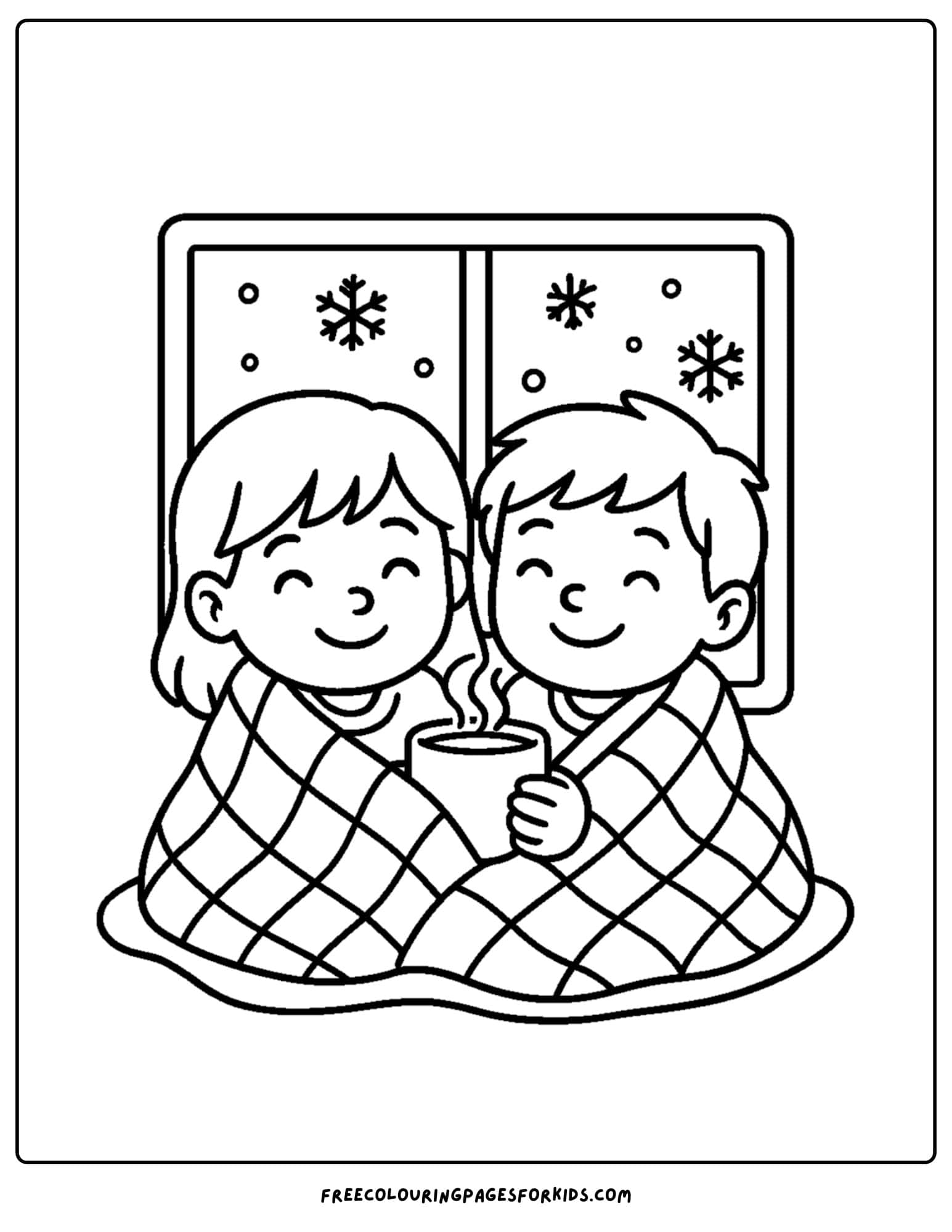a cozy coloring page featuring friends under a quilt with snow falling in the window