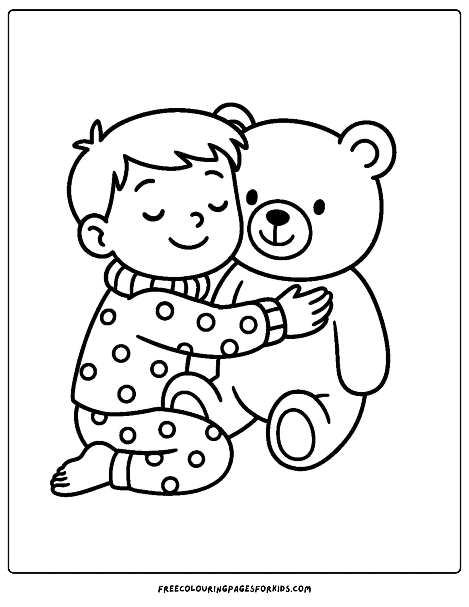 a cozy coloring page featuring a boy hugging a giant teddy